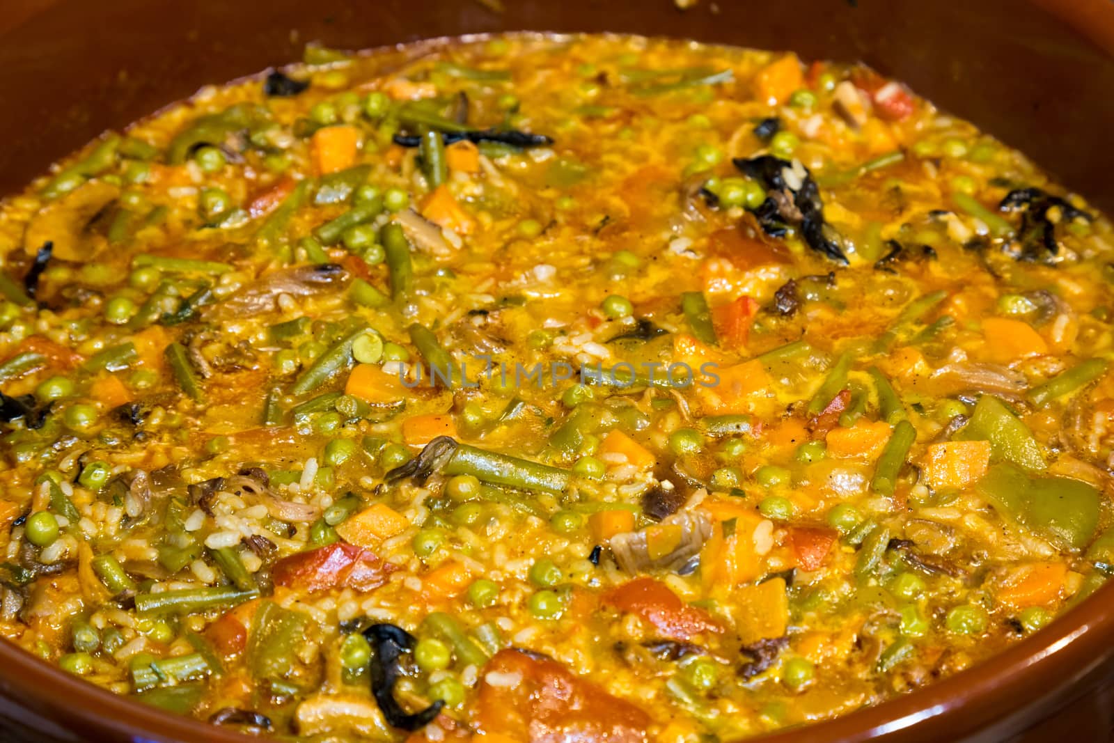 Close Up of Colorful and Fresh Vegetarian Paella Spanish Rice Dish 