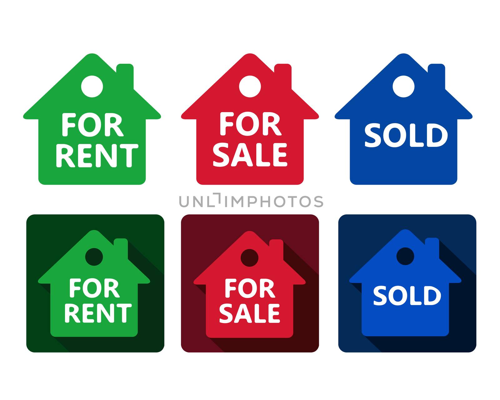 set of real estate house icon red green and blue houses with text for rent sold for sale in simple flat design on rounded square with shadow and isolated on white background 