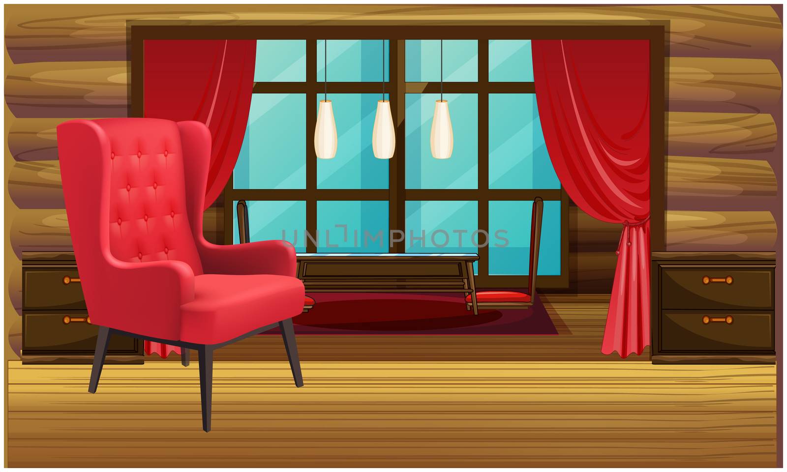 mock up illustration of big red chair in a wooden living room by aanavcreationsplus