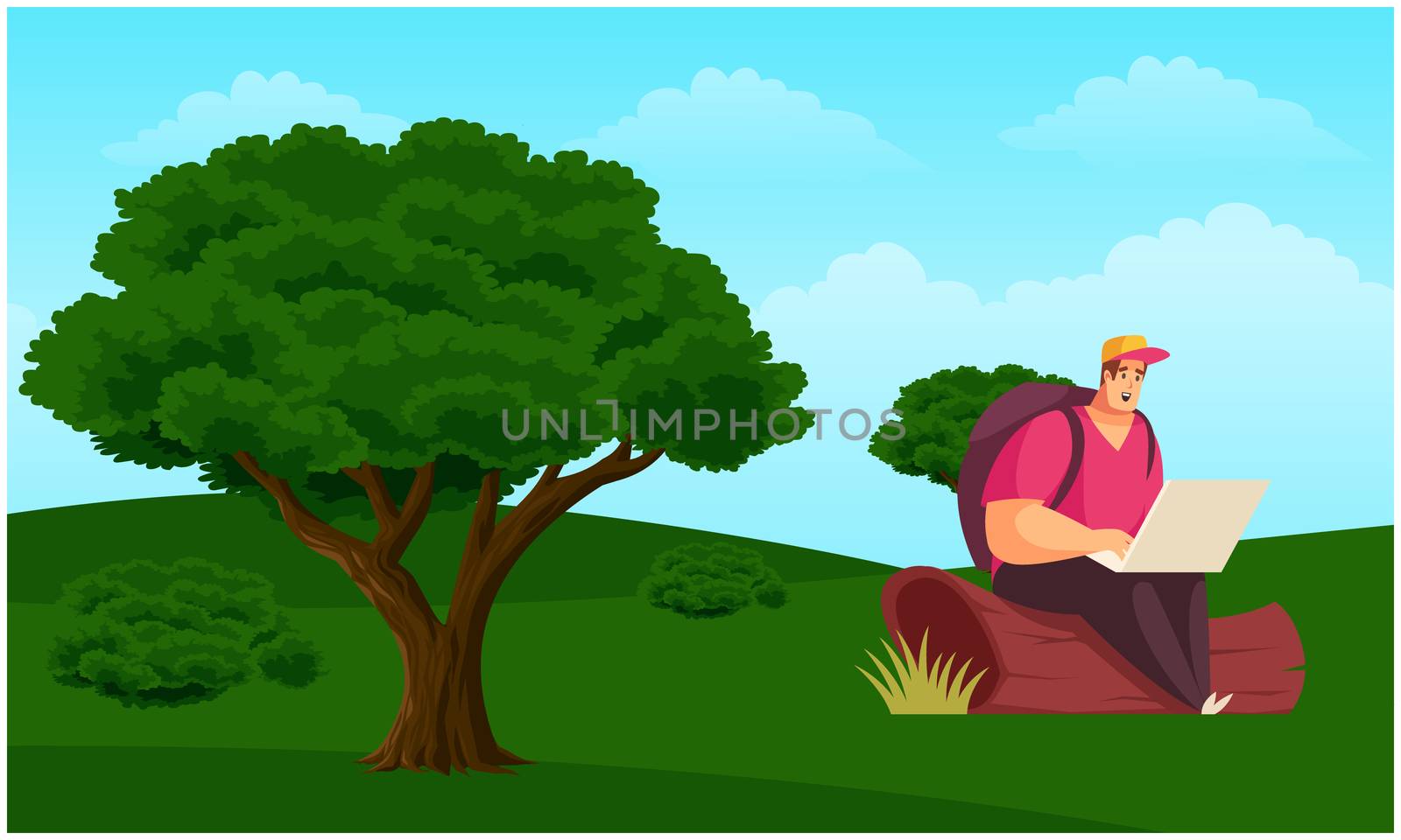 man is sitting in a garden and working on laptop by aanavcreationsplus
