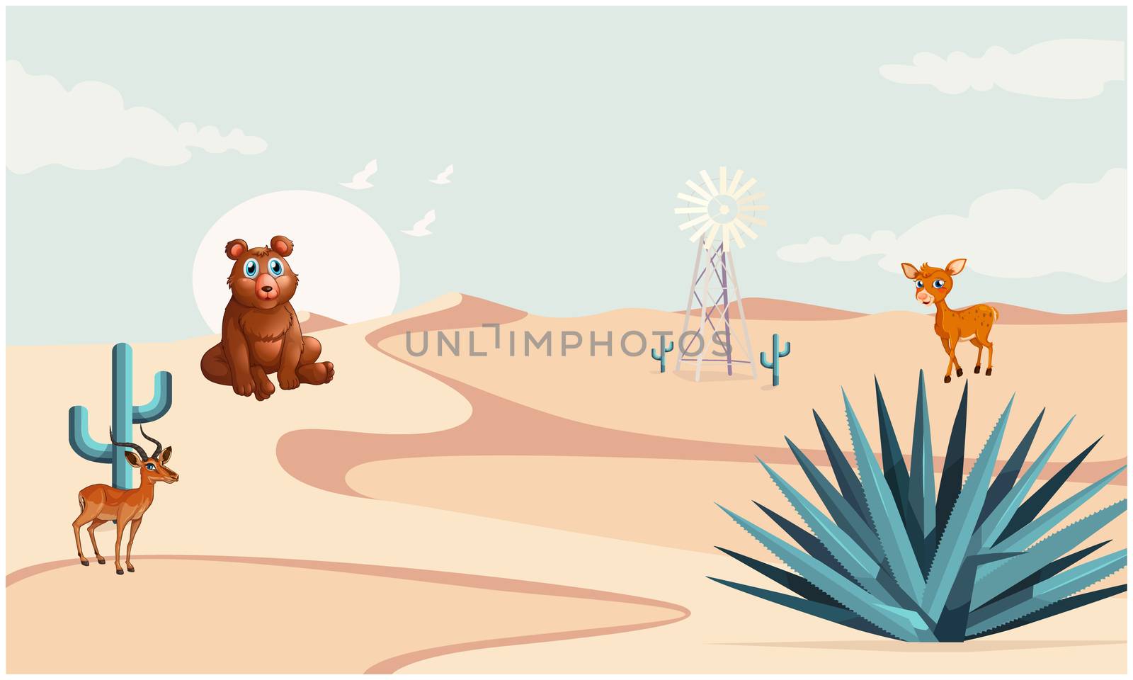 some animals are playing in a desert forest by aanavcreationsplus