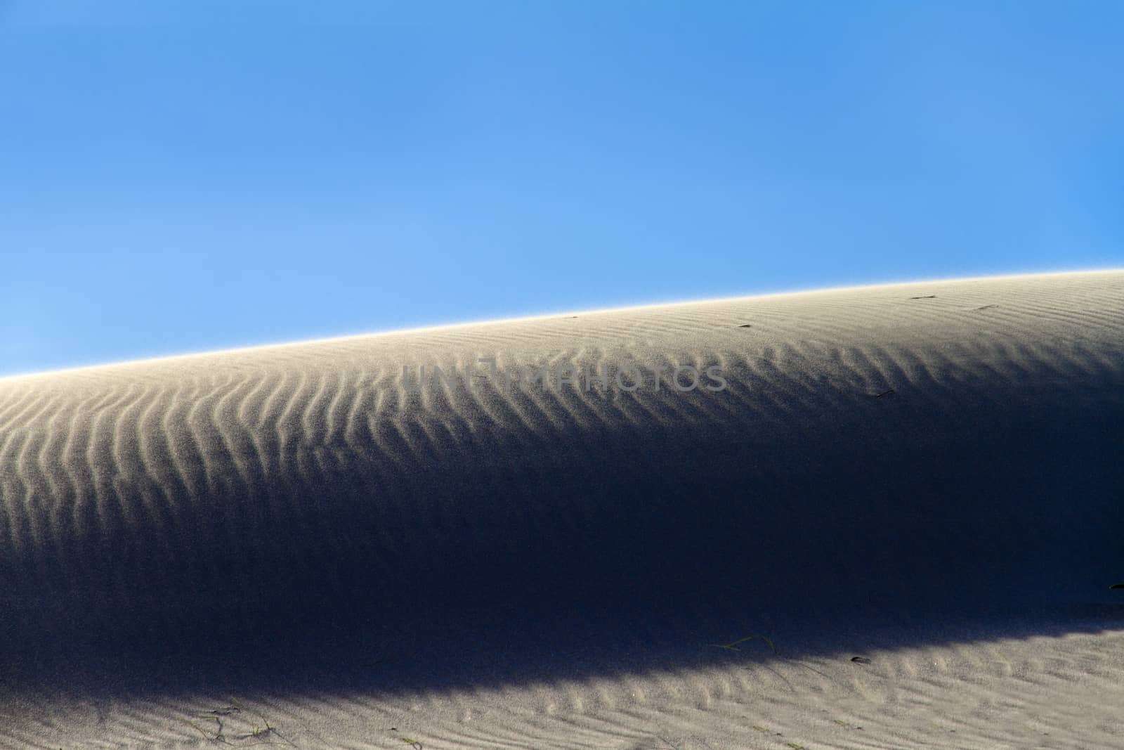 Shadow play on a sand dune with backlight effect and the sun shining in the blue sky 