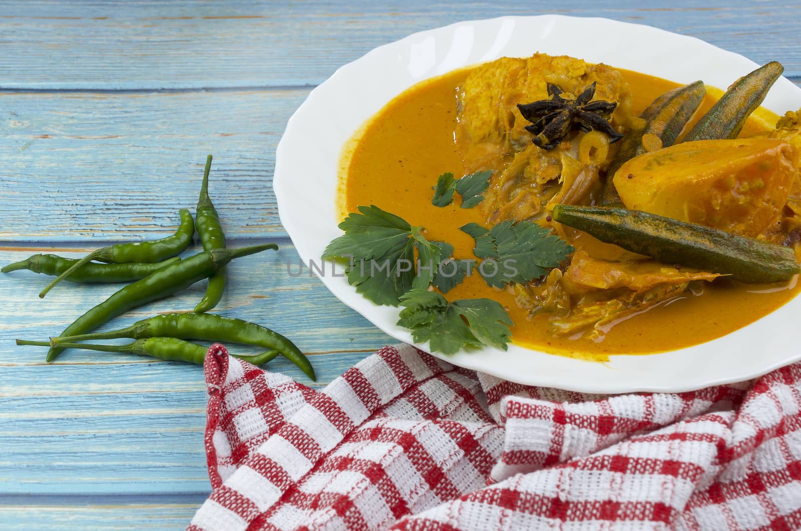 Spicy and tasty fish curry dish, Traditional Malaysian cuisine. Selective focus.