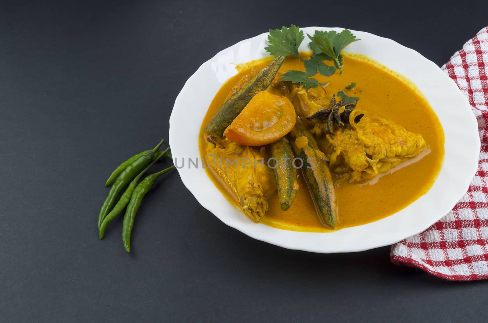 Spicy and tasty fish curry dish, Traditional Malaysian cuisine. Selective focus.