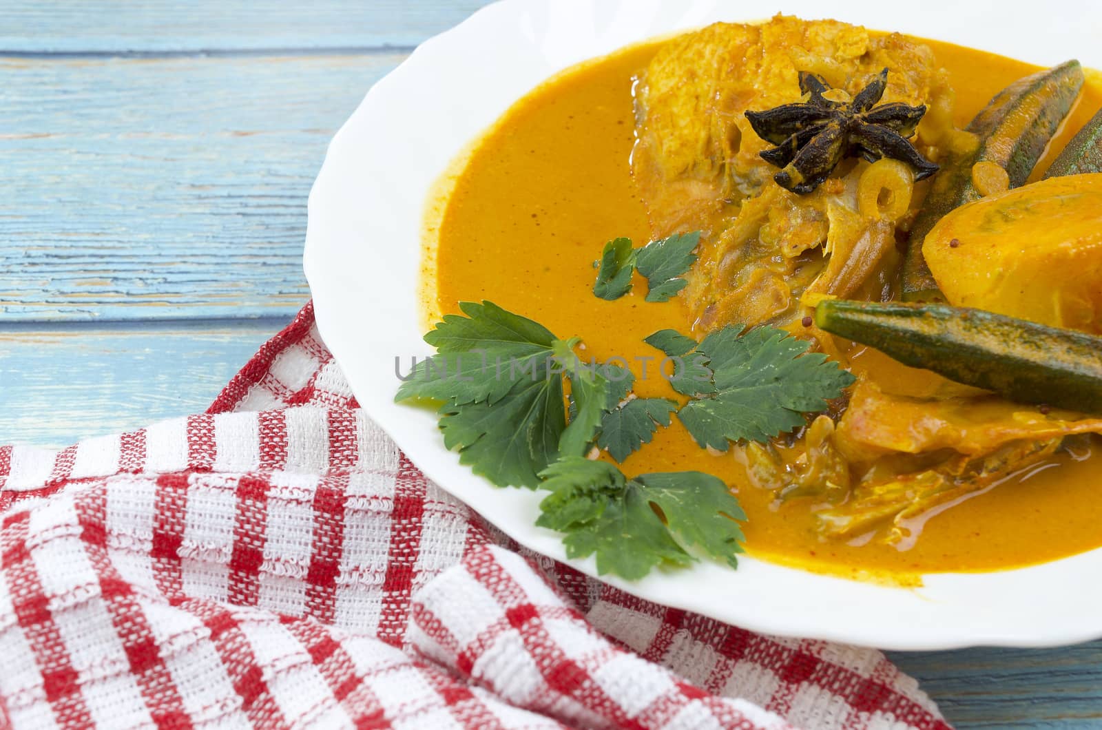 Spicy and tasty fish curry dish, Traditional Malaysian cuisine. Selective focus.