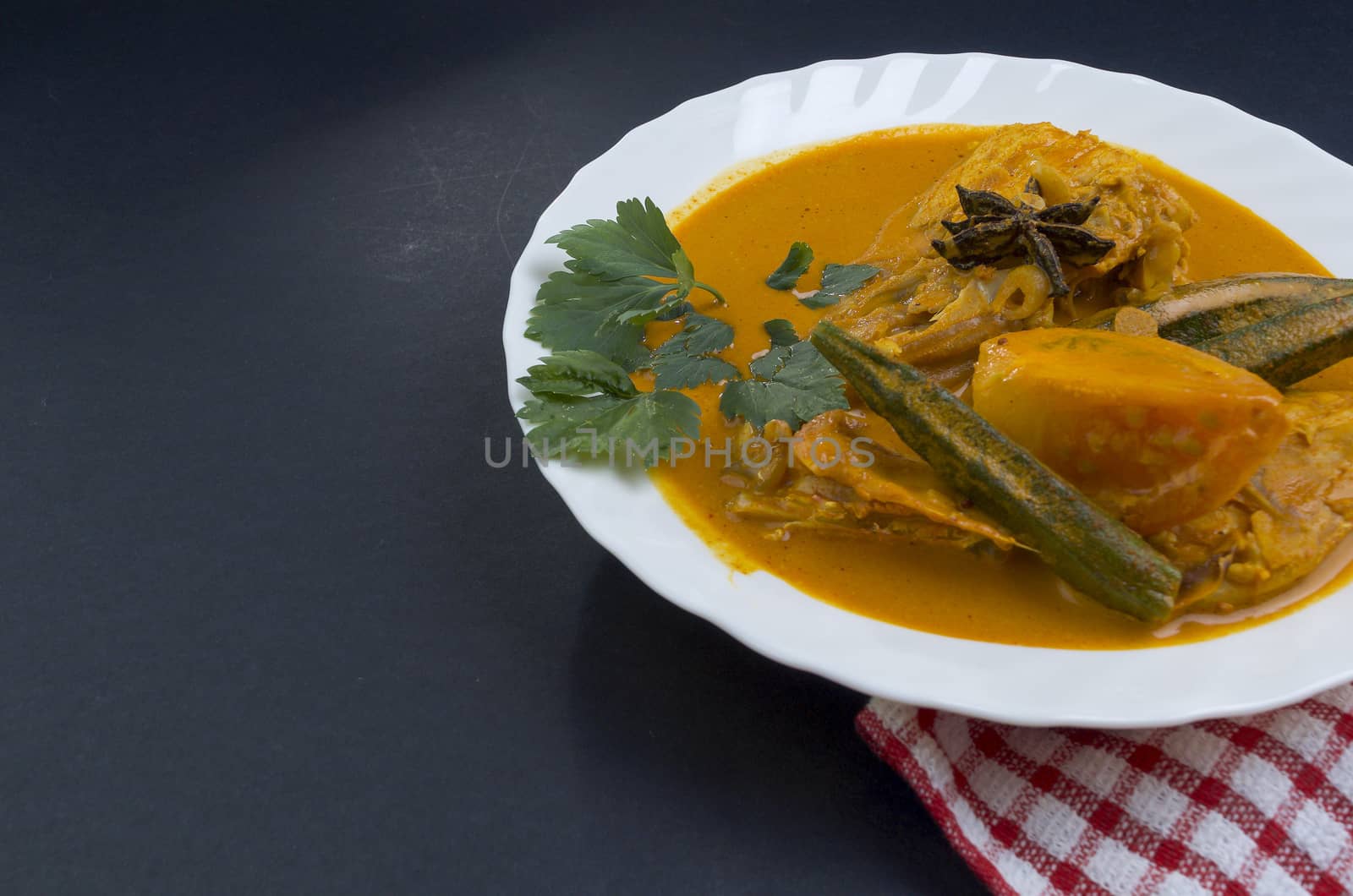 Spicy and tasty fish curry dish, Traditional Malaysian cuisine. Selective focus.