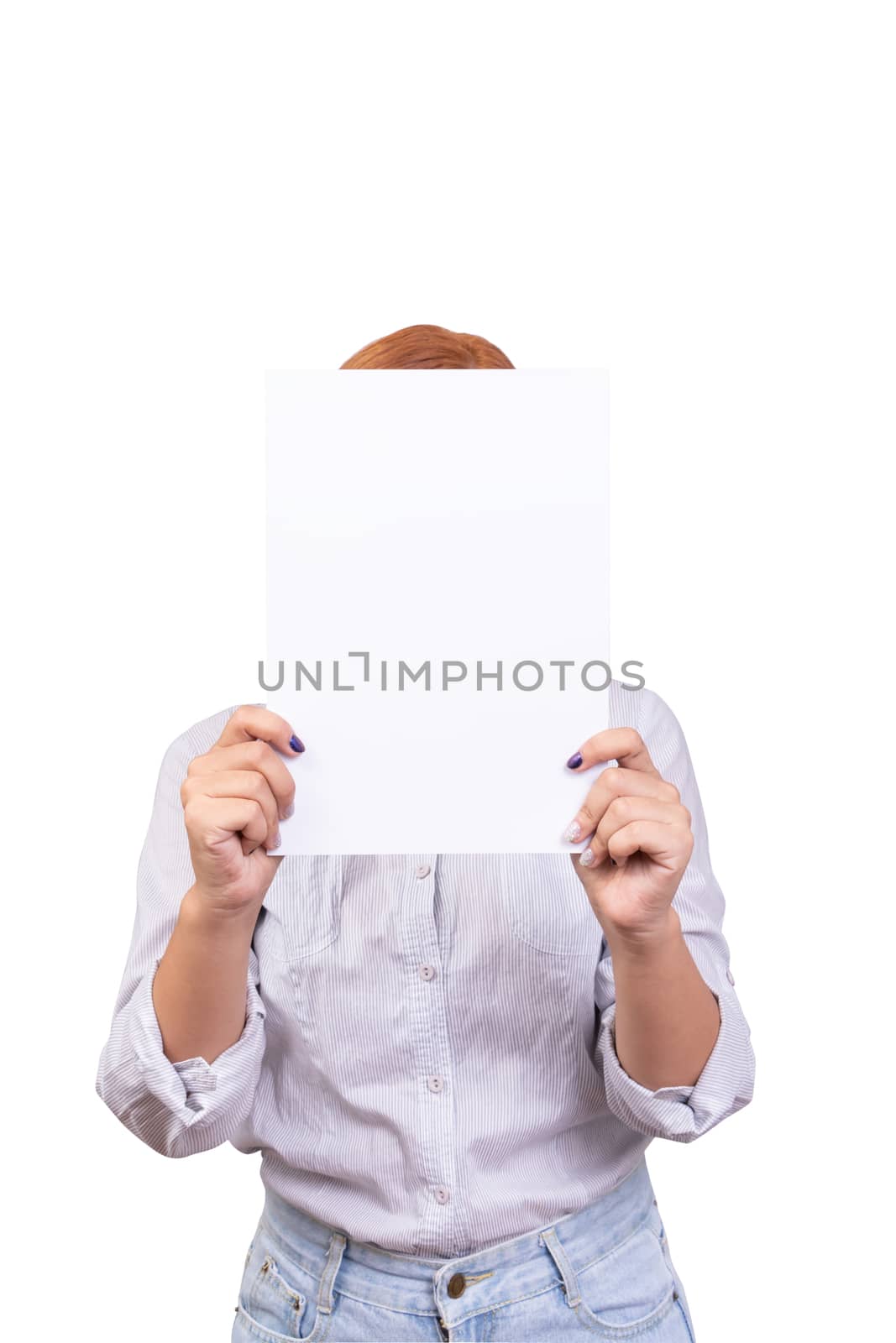 business woman holding with white blank empty paper cover her face  isolated on white background with clipping path by asiandelight