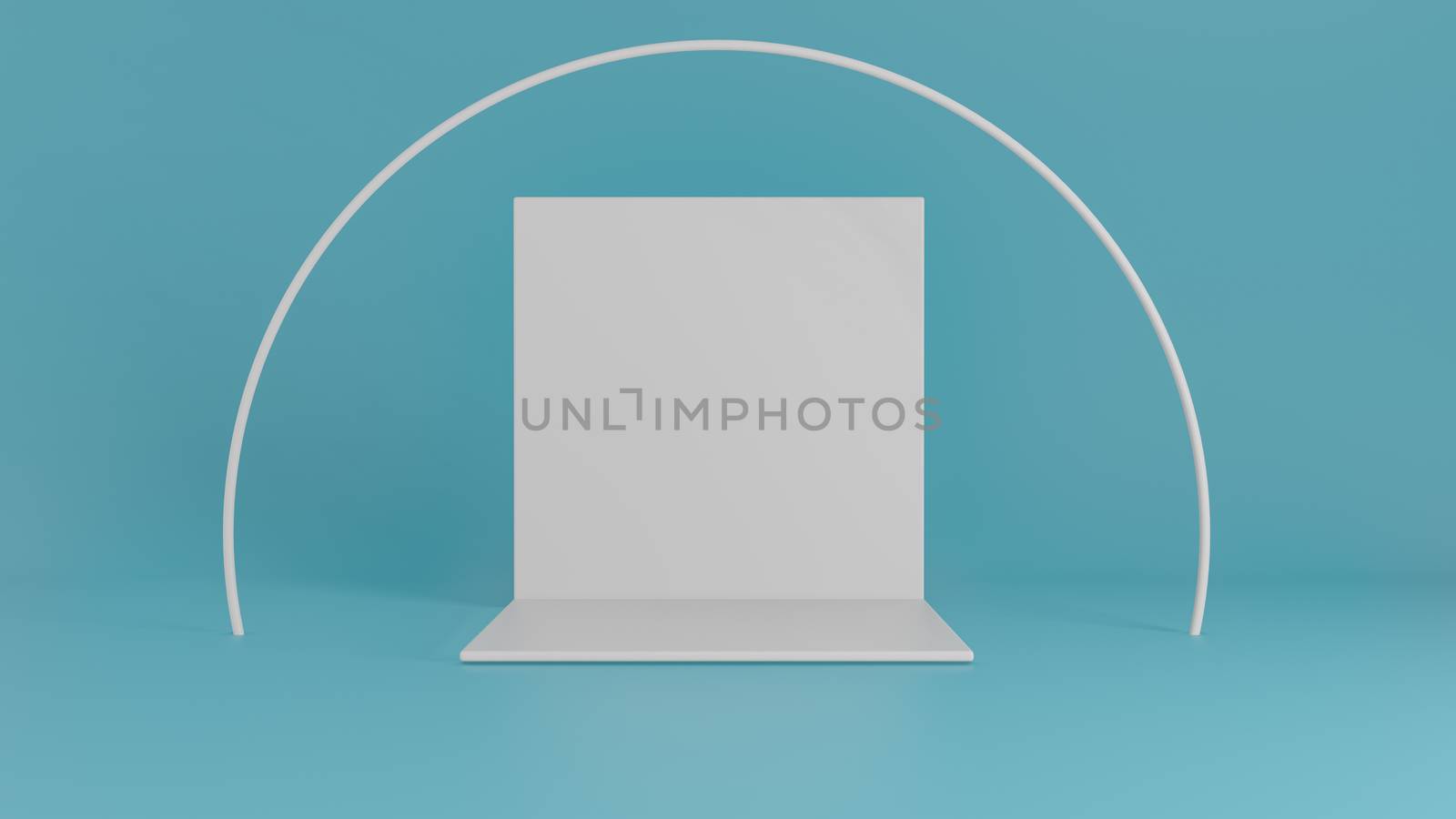 White backdrop stage with circle in room with blue wall. 3D render