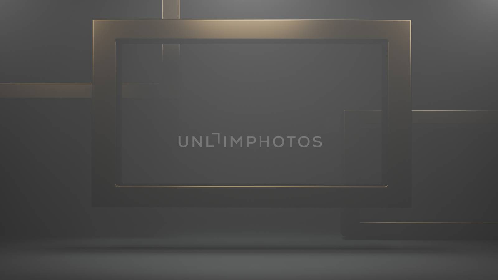 Gold Square frame for photo, picture. Realistic frame with reflection on dark background.3d rendering.