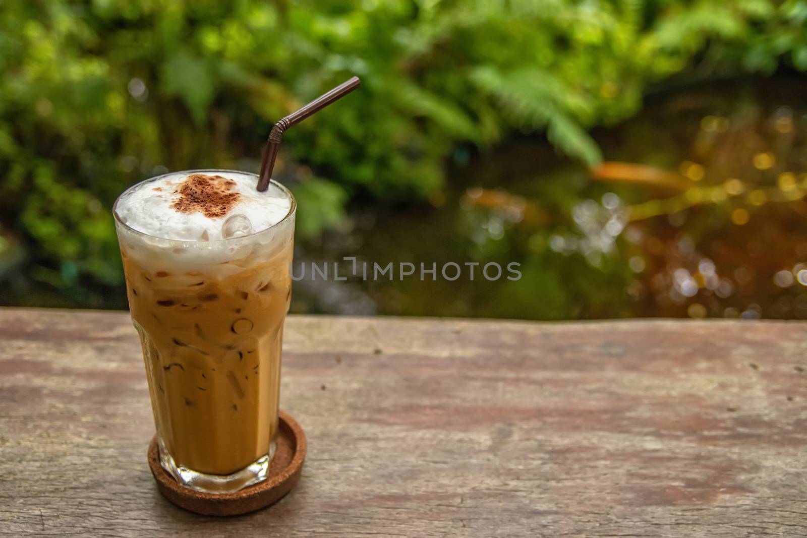 a cup of cold ice coffee with green leaf of garden for background and copy space