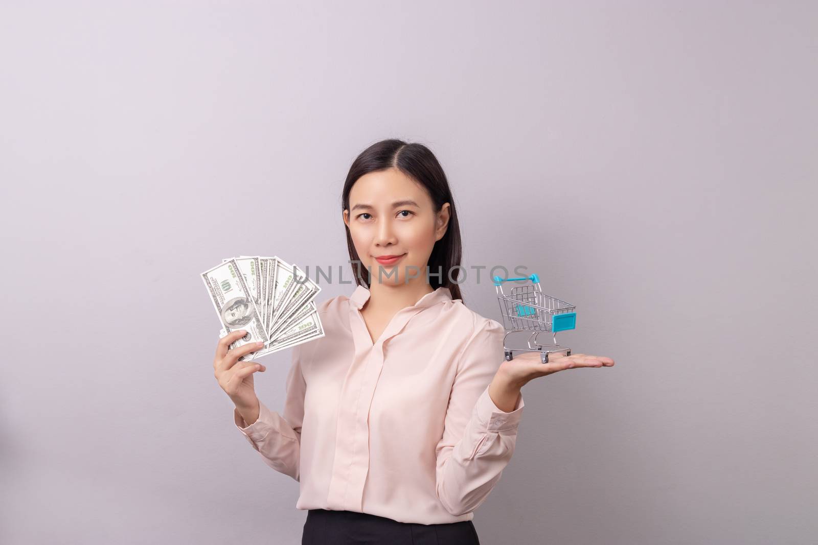 retail commercial business concept, Asian beautiful woman holding banknote money in hand and shopping cart in another hand isolated on grey background by asiandelight