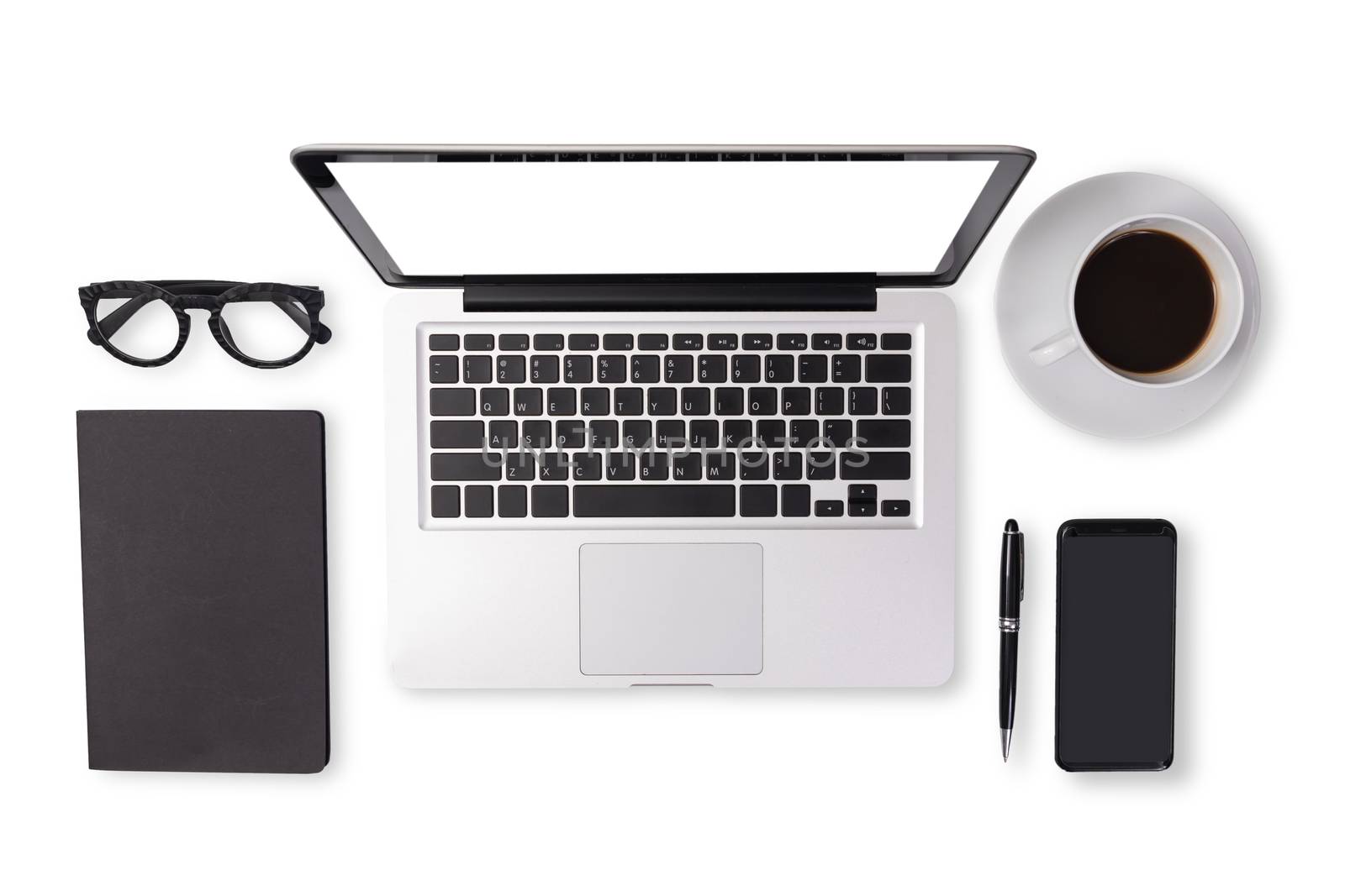 flat lay of men device accessories in black tone color on office desk table such as notebook laptop computer , cup of coffee , glasses , pen , mobile smart phone and notebook with clipping path