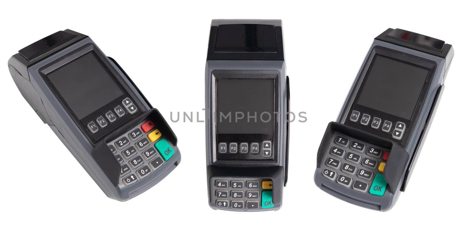 point of sale, credit card reader payment terminal. set of credit card swipe machine from 3 side  isolated on white background with clipping path