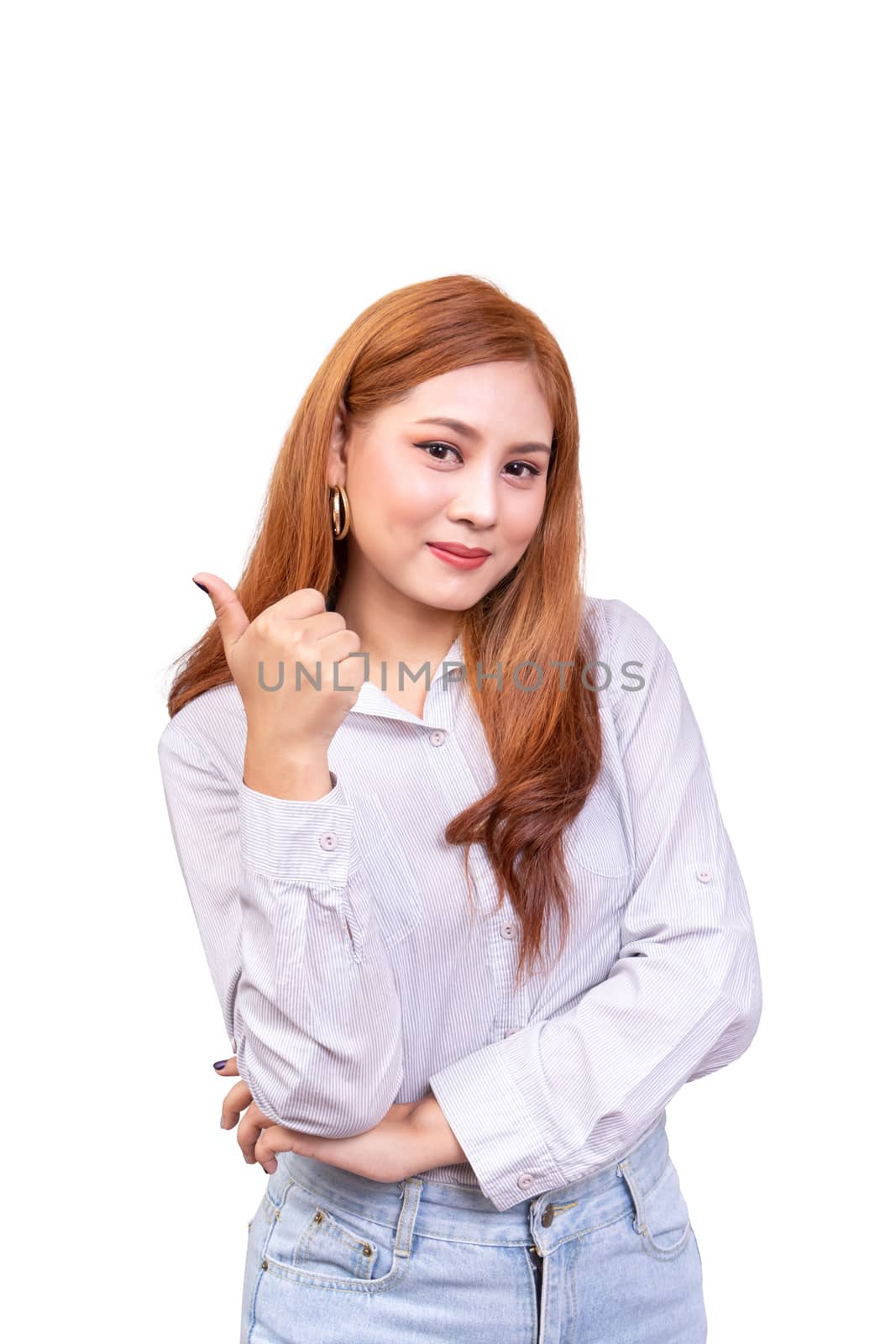 cheerful Asian woman looking at the camera with happy expression. showing thumbs-up with one hand, body language for like emotion. isolated on white background with clipping path, studio shot by asiandelight