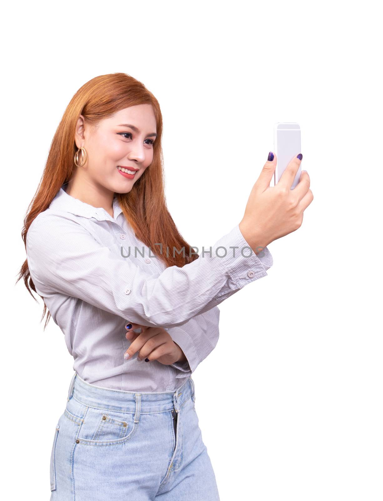 Asian woman using mobile smartphone for selfie ,video chat , face time or video call with smiling face. studio shot isolated on white background with clipping path by asiandelight
