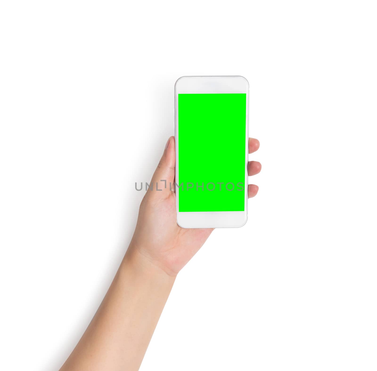 hand holding white mobile smart phone with blank green screen isolated on white background with clipping path on green screen and background, studio shot by asiandelight