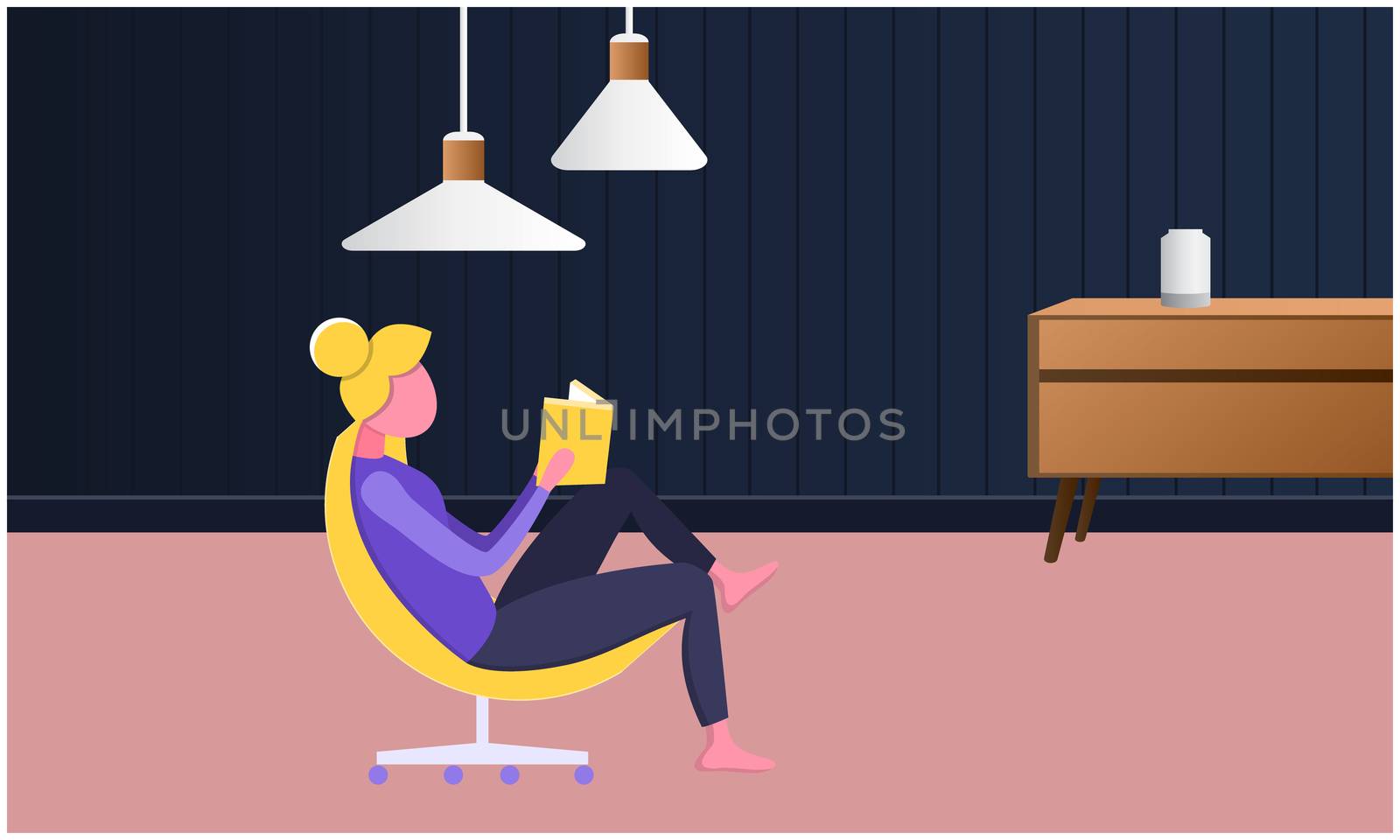 woman is sitting on a chair and reading a book at home