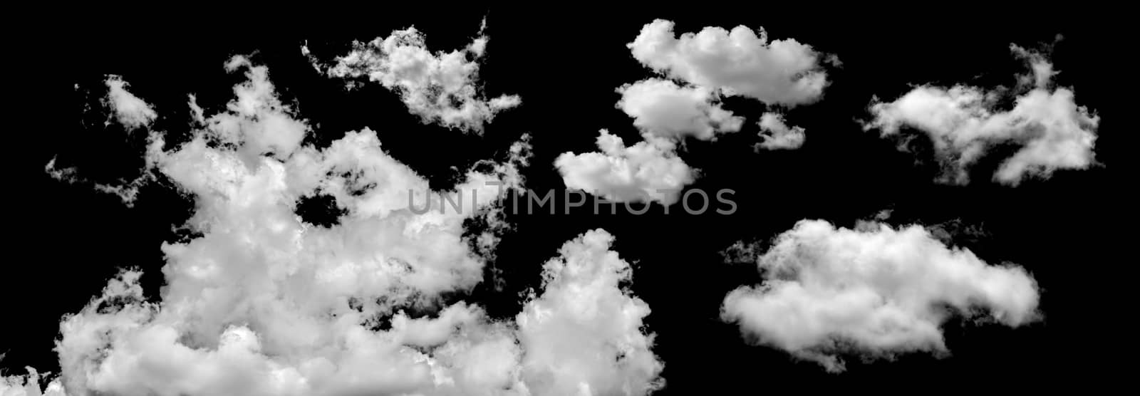 Set of White clouds isolated on black background.