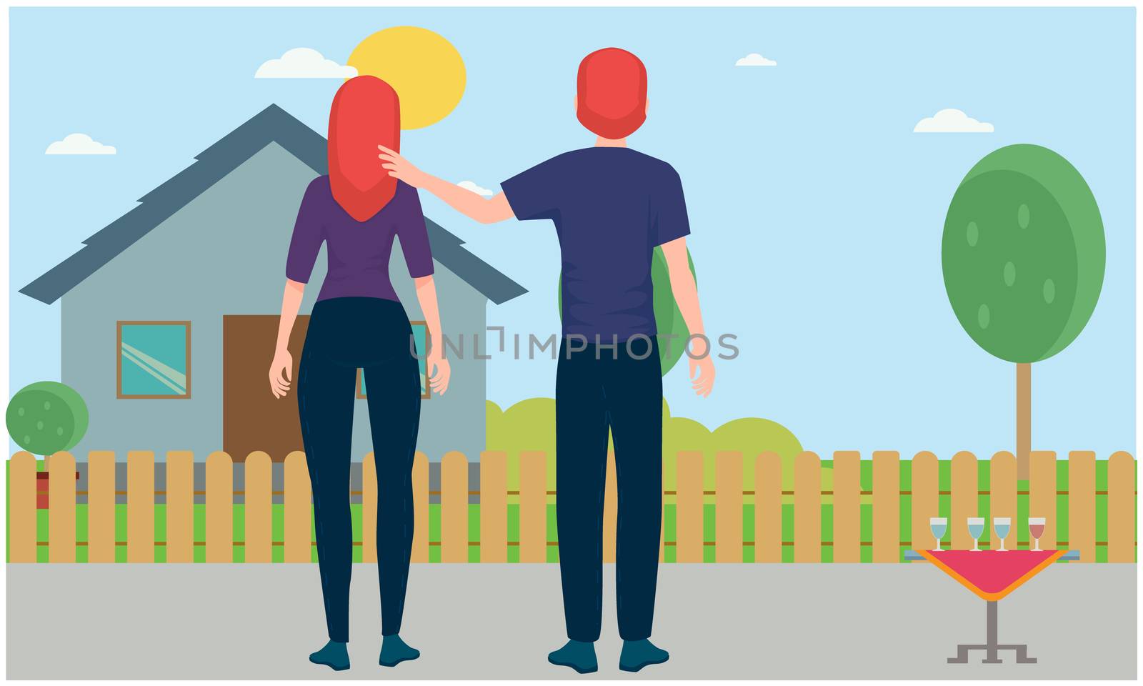 couple is watching sunset while standing out from the house by aanavcreationsplus