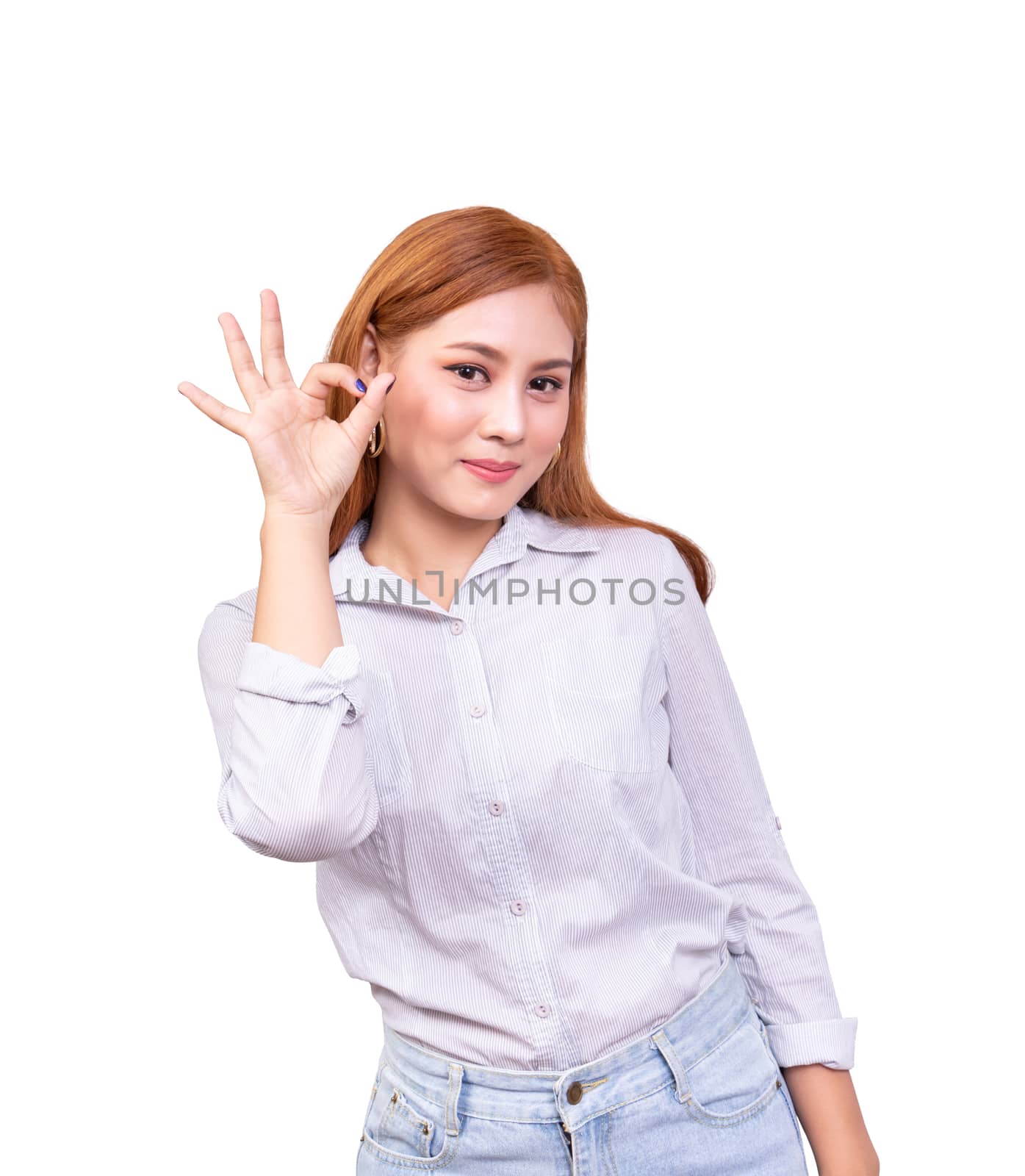 cheerful Asian woman looking at the camera with happy expression. showing OK sign, body language for good emotion. isolated on white background with clipping path, studio shot