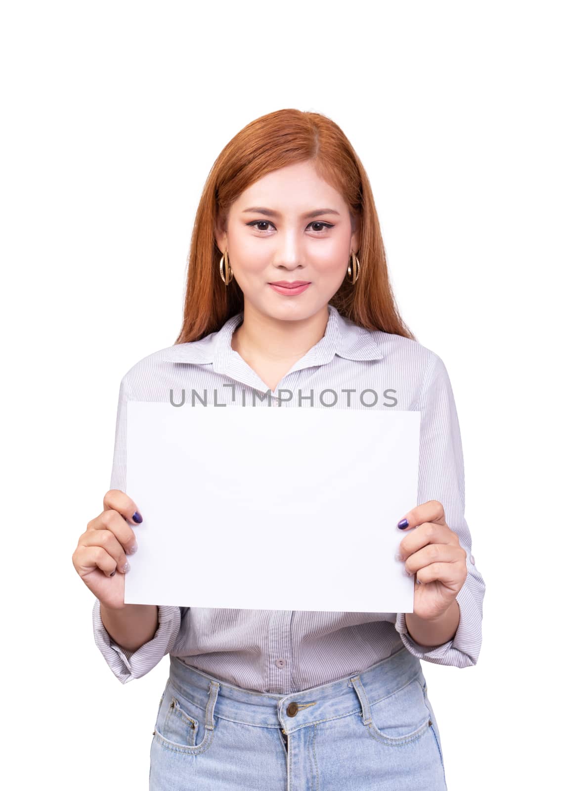 smiling Asian woman holding blank white banner, business sign board  paper with clipping path. studio portrait of beautiful female model with long hair by asiandelight