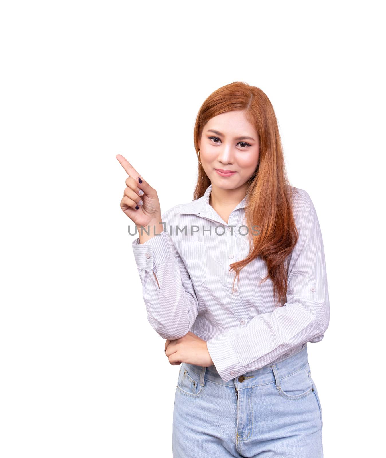 smiling Asian woman showing empty copy space with pointing finger isolated on white background with clipping path by asiandelight