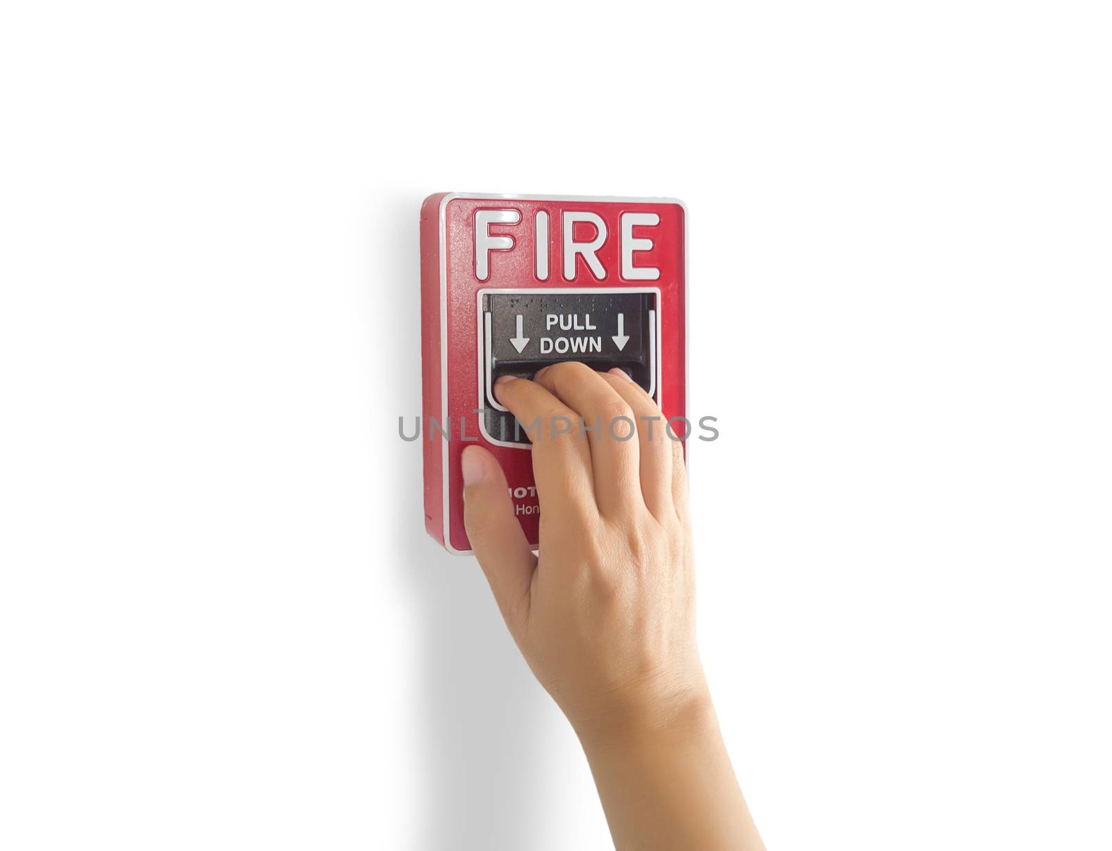 fire alarm notification appliance, hand pull down fire alarm system switch on the wall by manual for making a loud noise that gives warning of a fire alarm