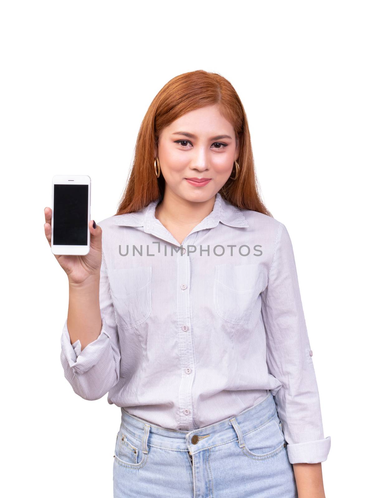 smiling Asian woman standing in casual shirt holding mobile phone isolated on white background with clipping path