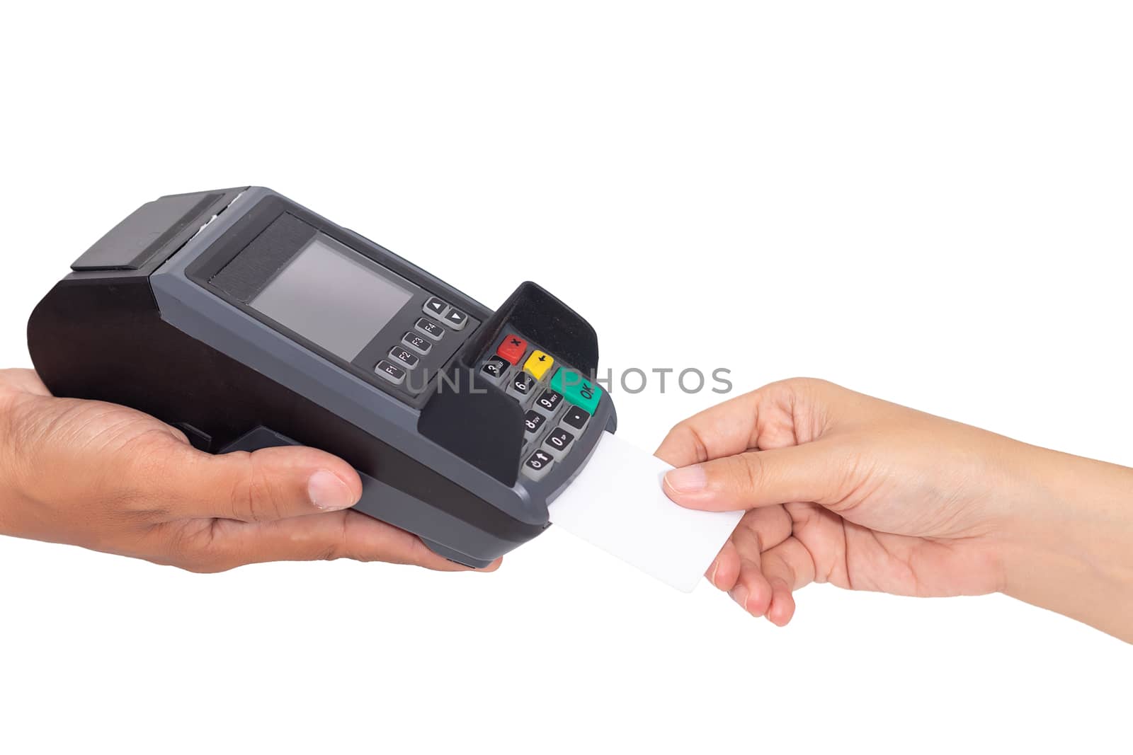 credit card payment concept. close-up hand insert credit card mock up with white blank card with a card swipe machine terminal isolated on white background with clipping path