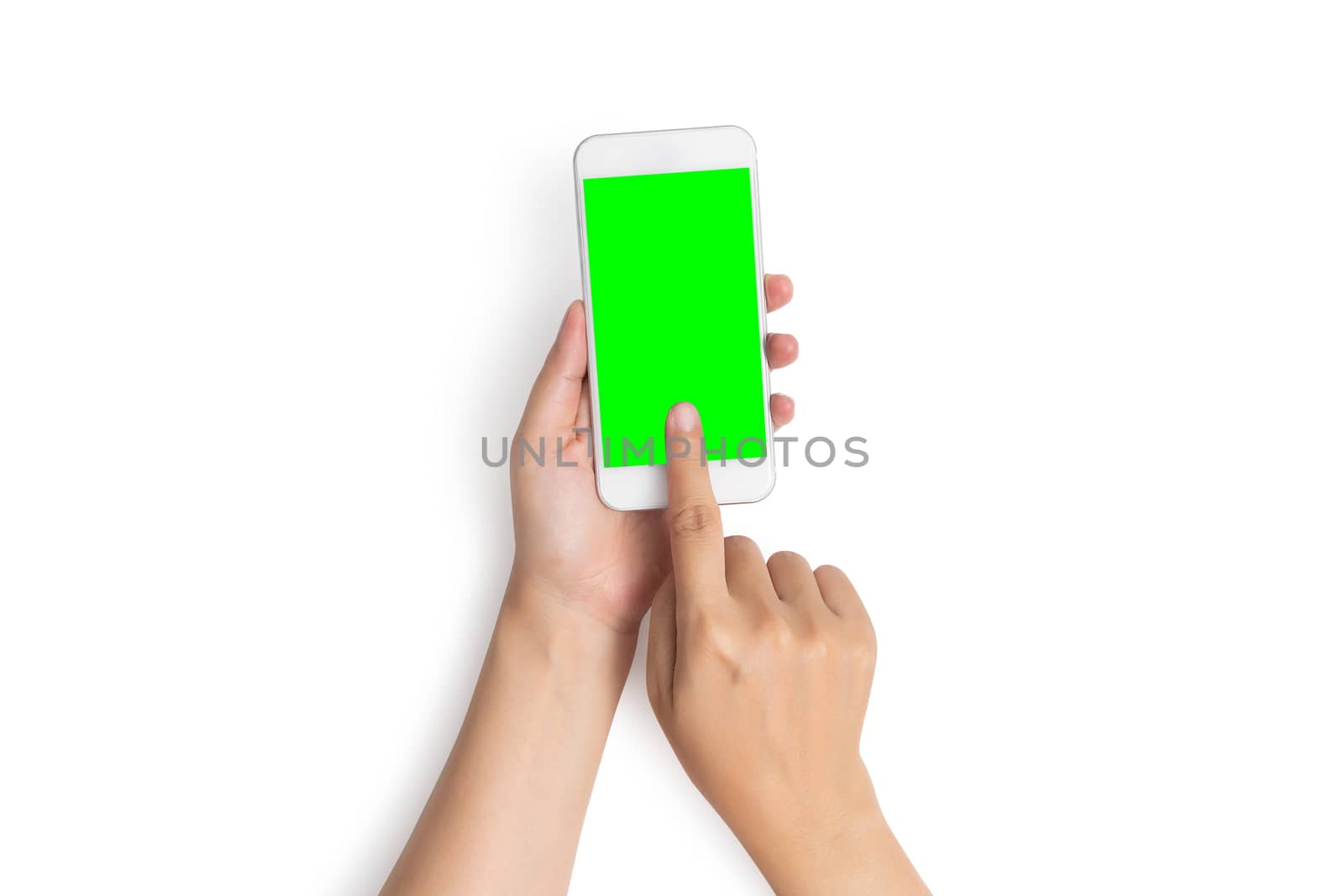 woman hand use finger touch on mobile phone button with blank green screen from top view, isolated on white background with clipping path