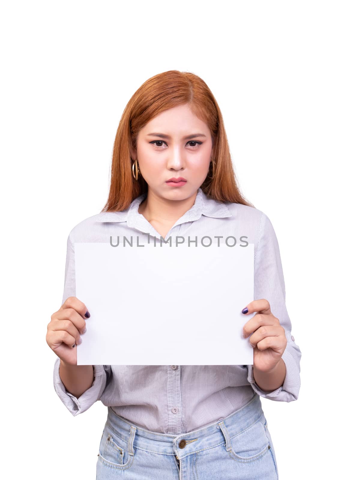 dissatisfied Asian woman holding blank white paper banner for protested with frown face. studio portrait shot isolated on white background with clipping path by asiandelight