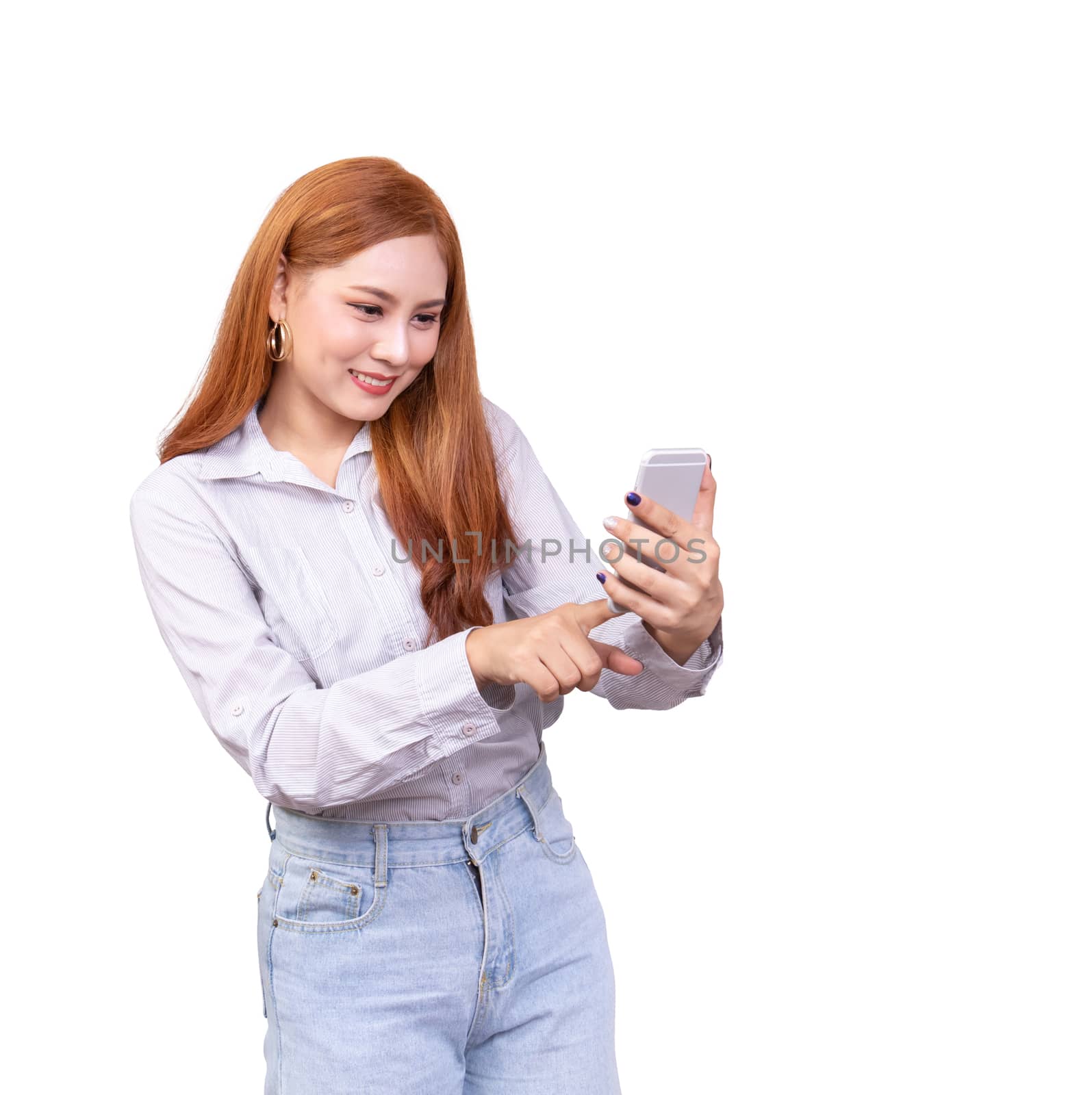 cheerful cute beautiful young Asian woman use finger touch on mobile smart phone ,feeling happy and surprised isolated on white background with clipping path