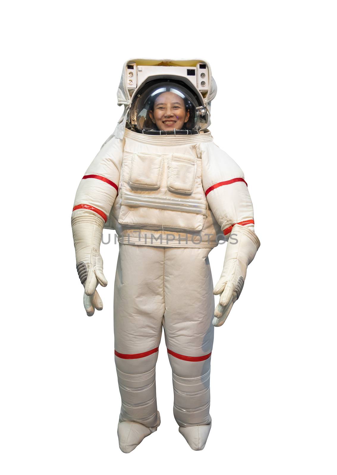 happy Asian woman with big smile in white astronaut suit and astronaut helmet dreaming to be spacewoman isolate on white background with clipping path by asiandelight