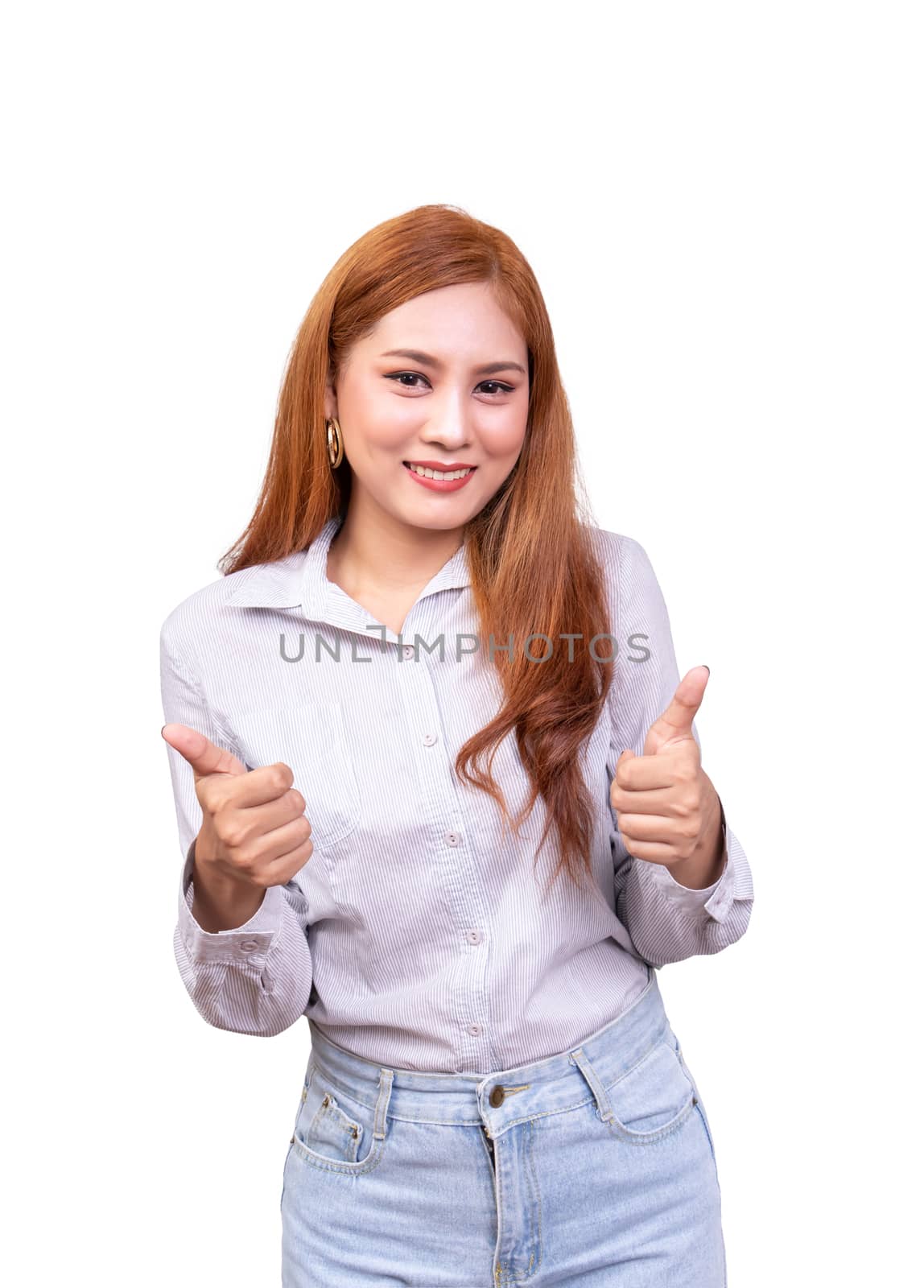 cheerful Asian woman looking at the camera with happy expression. showing thumbs-up with both hands, body language for like emotion. isolated on white background with clipping path, studio shot