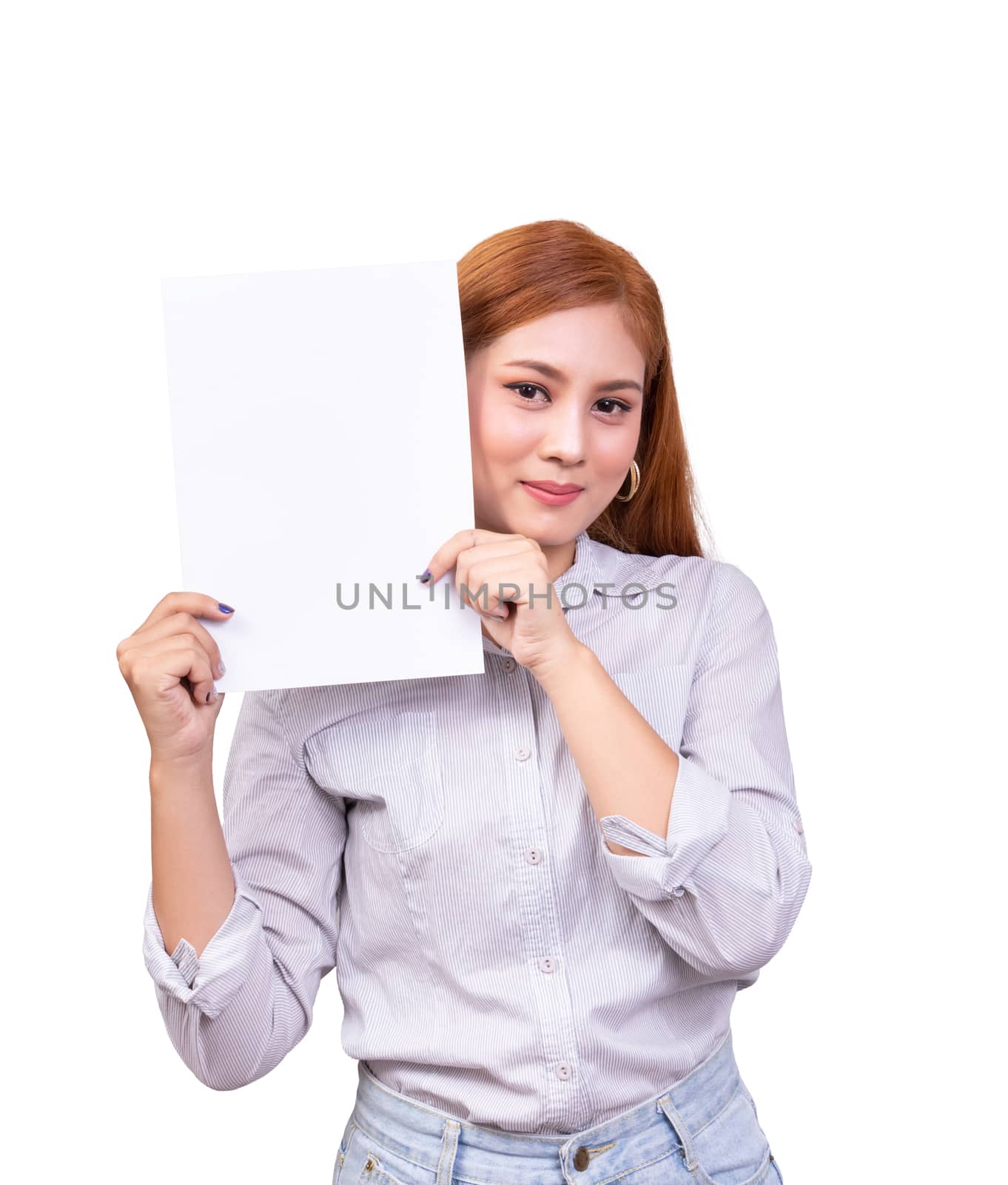 smiling Asian woman holding blank white banner, business sign board  paper with clipping path. studio portrait of beautiful female model with long hair