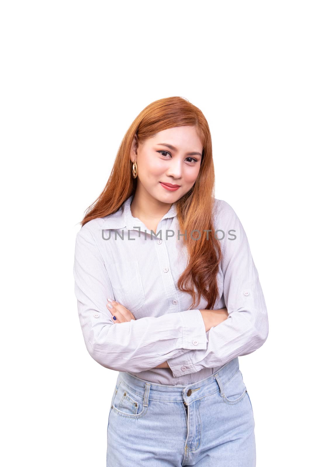 cheerful Asian woman cross one's arm, tilting her necks and smiling isolated on white background with clipping path. studio portrait of beautiful female model with long hair by asiandelight