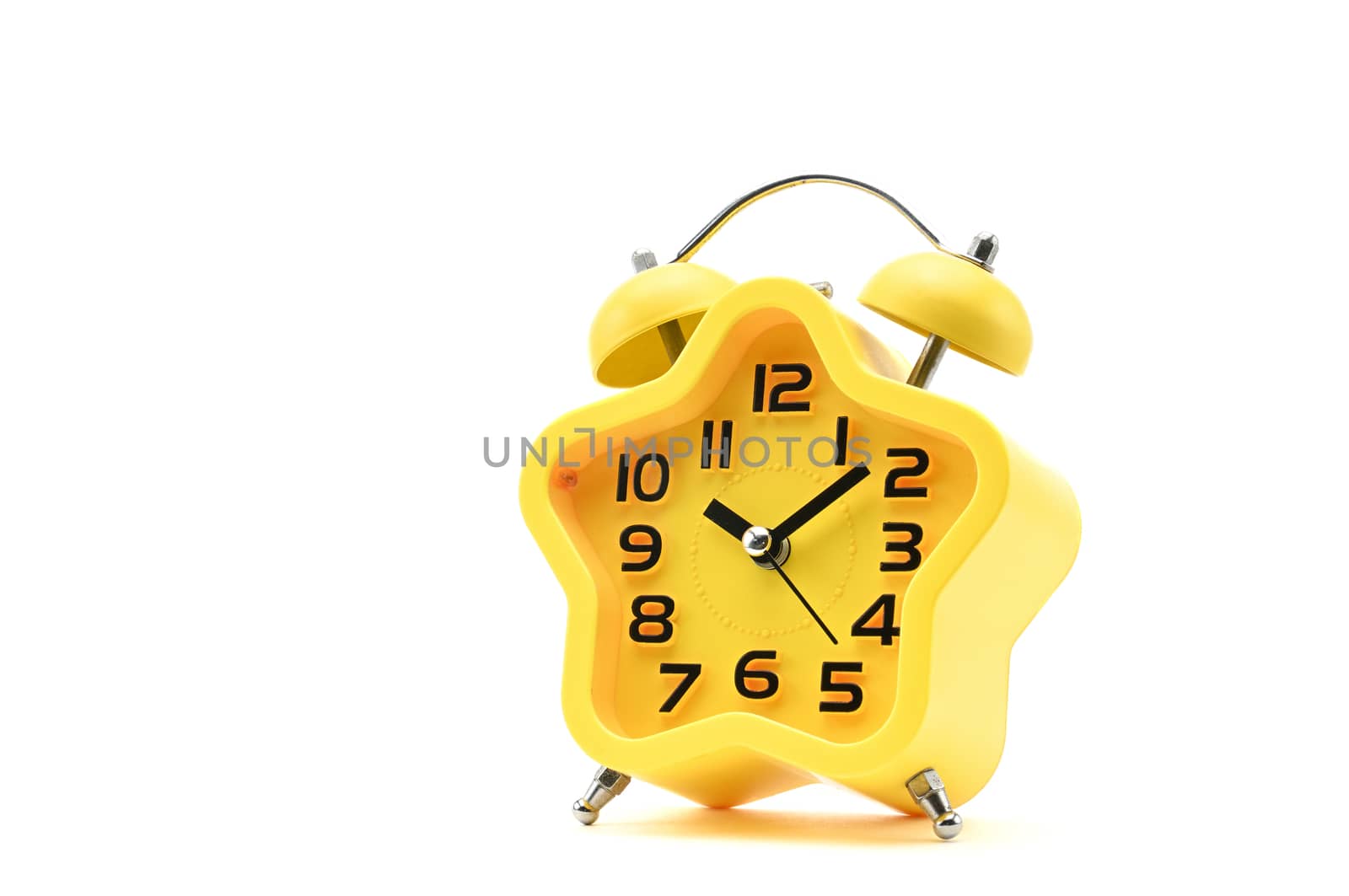 Yellow watch with five petals. Alarm clock on a white background