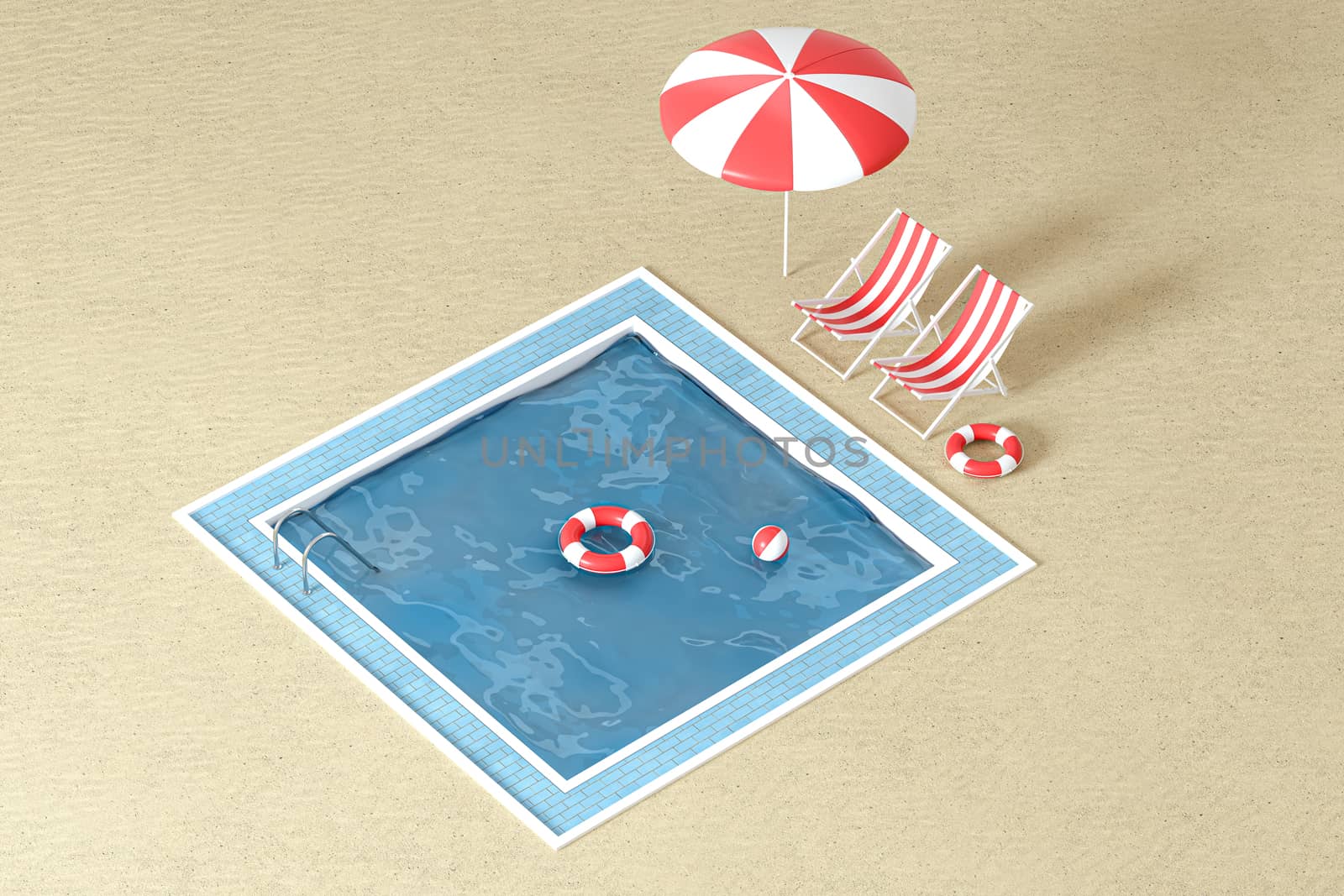 A swimming pool on the sand beach, 3d rendering. Computer digital drawing.