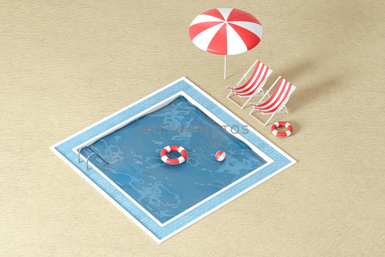 A swimming pool on the sand beach, 3d rendering. by vinkfan