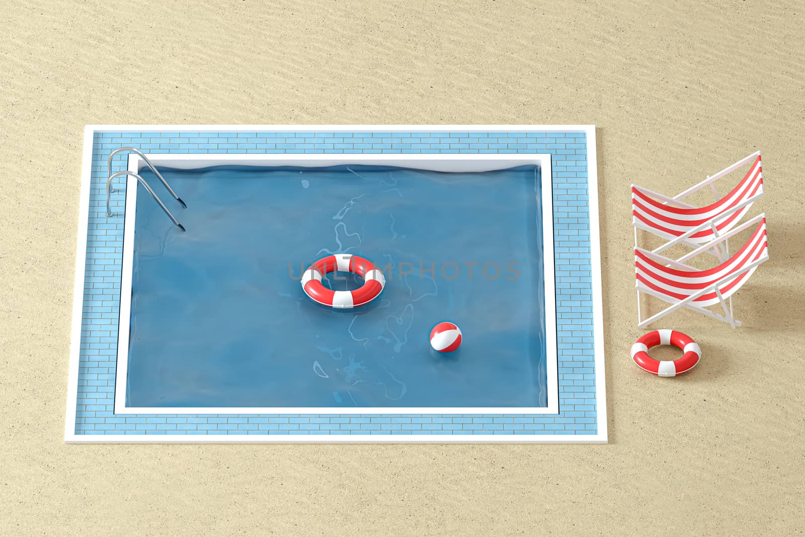 A swimming pool on the sand beach, 3d rendering. by vinkfan
