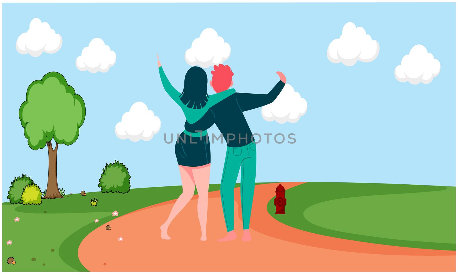 couple is hugging and walking in a garden