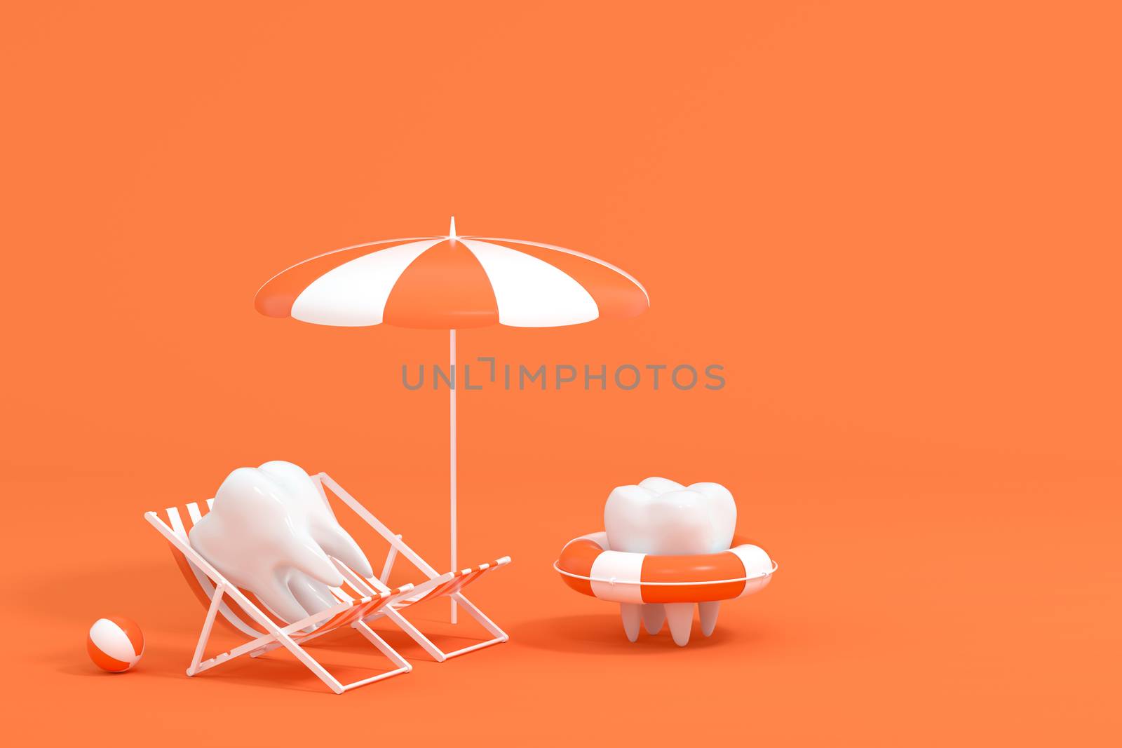 Cartoon tooth on holiday, tooth care concept, 3d rendering. by vinkfan