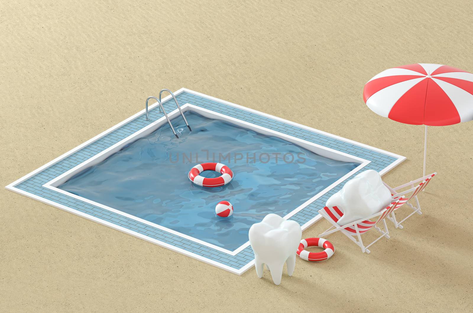 Cartoon tooth on holiday, swimming pool aside, 3d rendering. by vinkfan