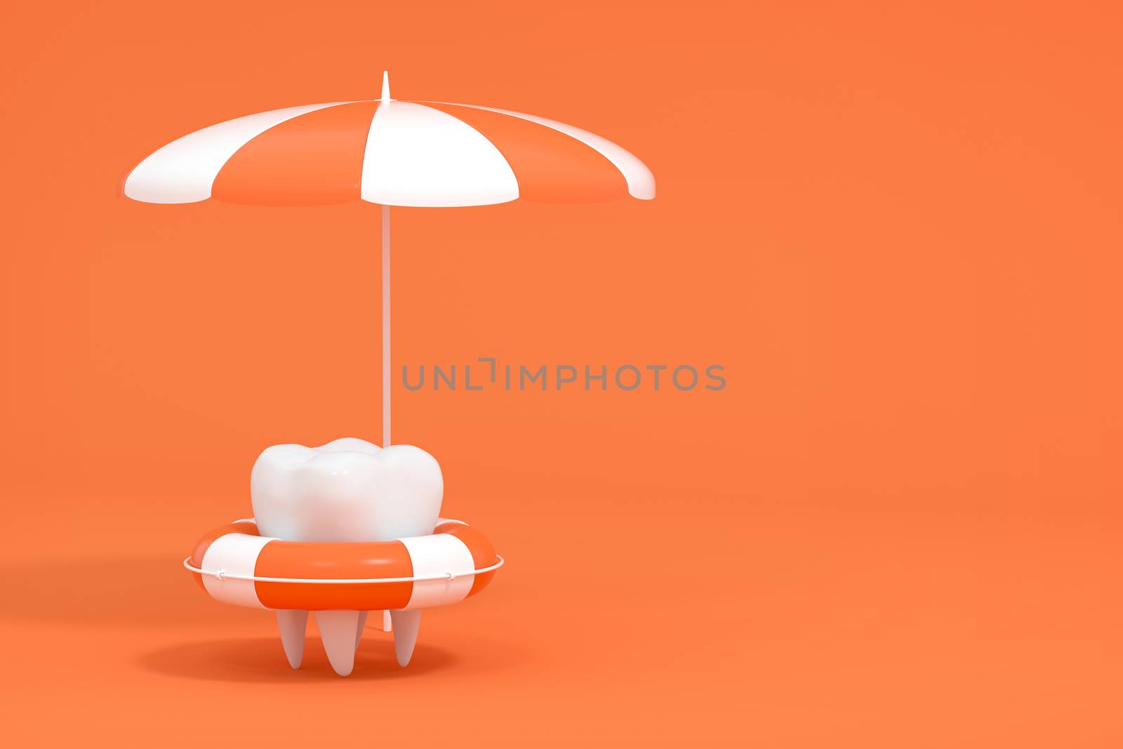 Cartoon tooth on holiday, tooth care concept, 3d rendering. Computer digital drawing.