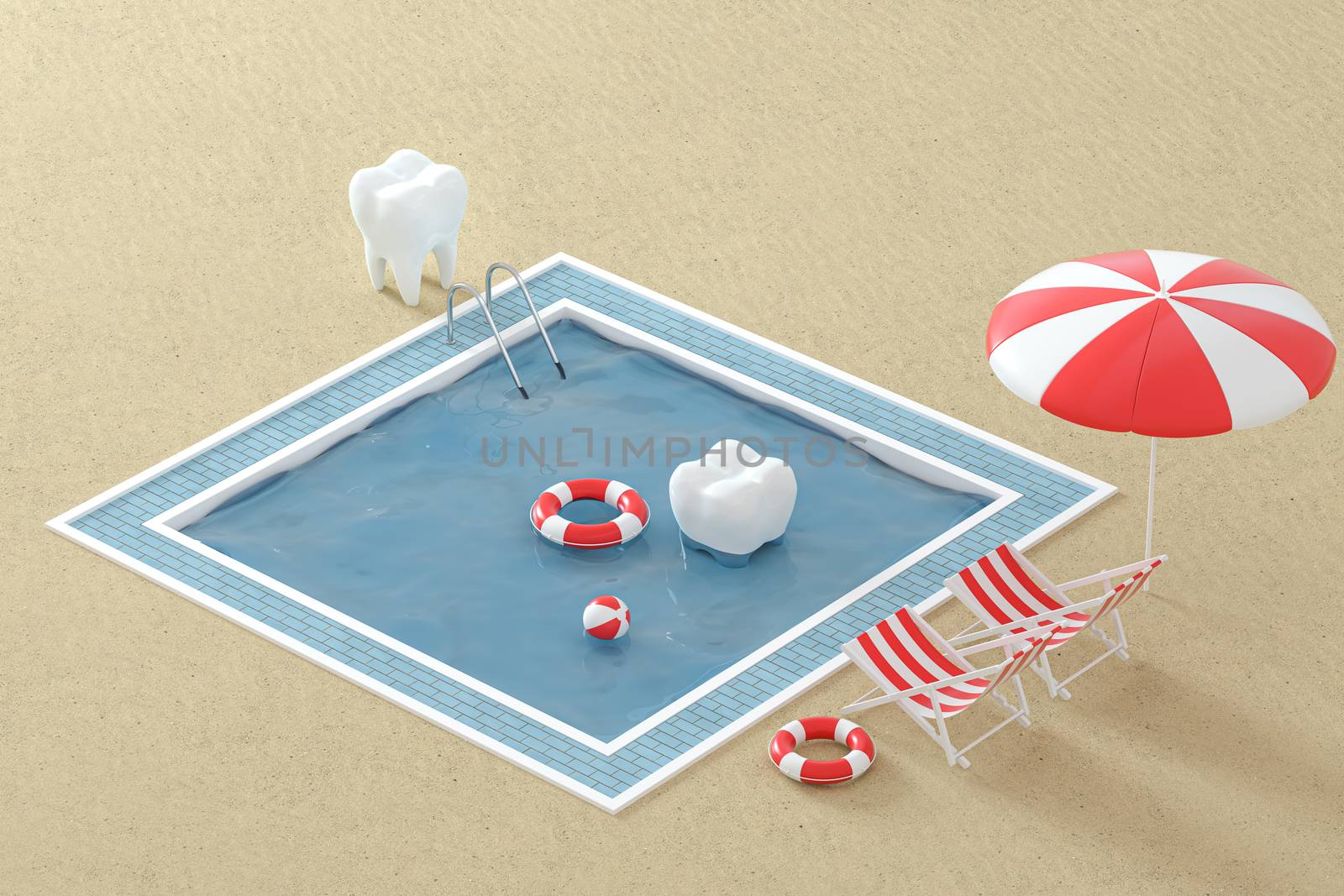 Cartoon tooth on holiday, swimming pool aside, 3d rendering. by vinkfan