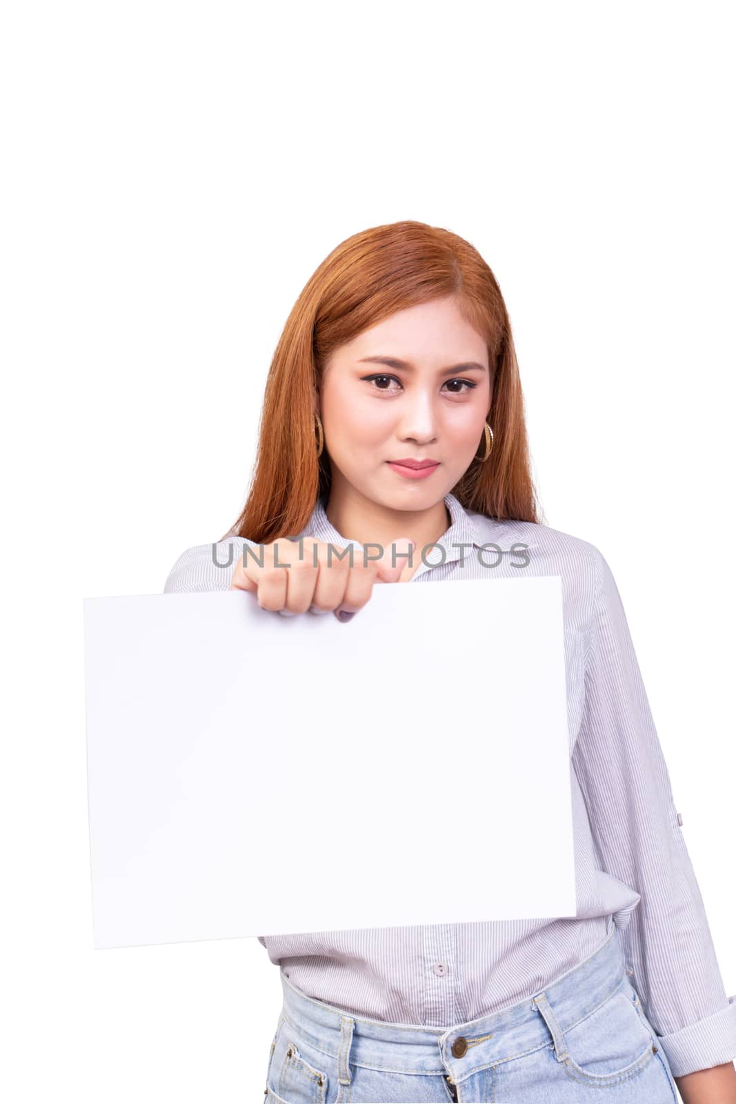 portrait of smiling Asian woman standing and hold blank white paper sheet in hand isolated on white background with clipping path