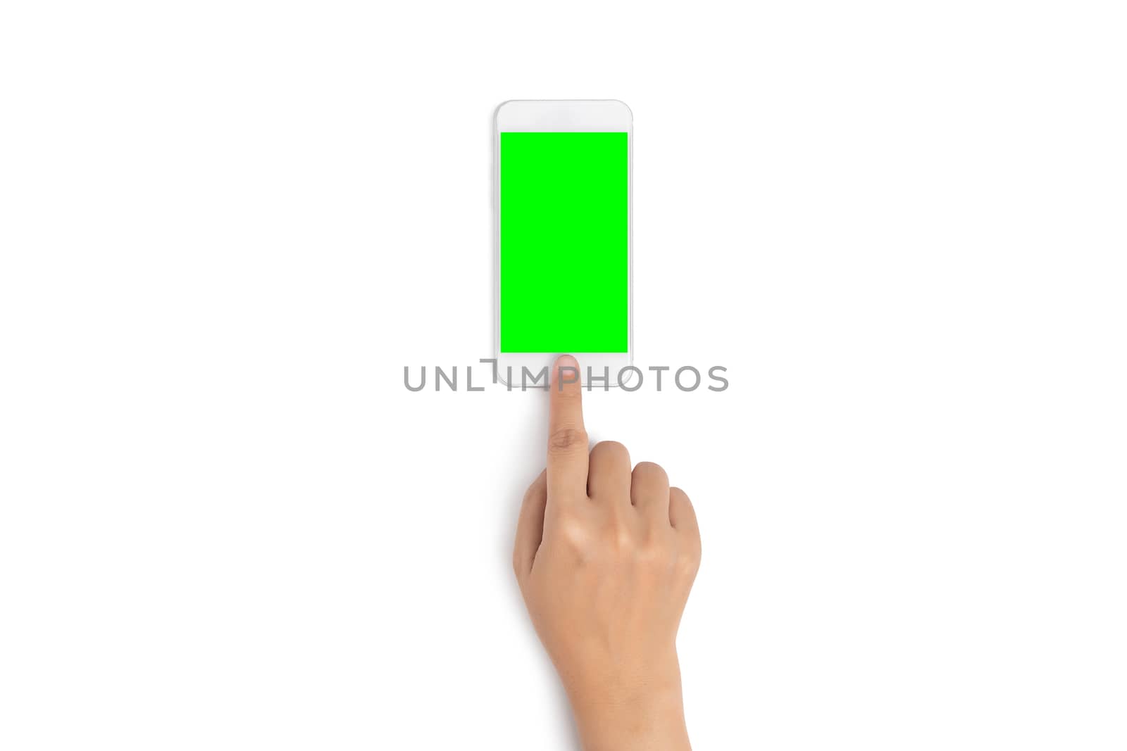 woman hand use finger touch on mobile phone button with blank green screen from top view, isolated on white background with clipping path by asiandelight
