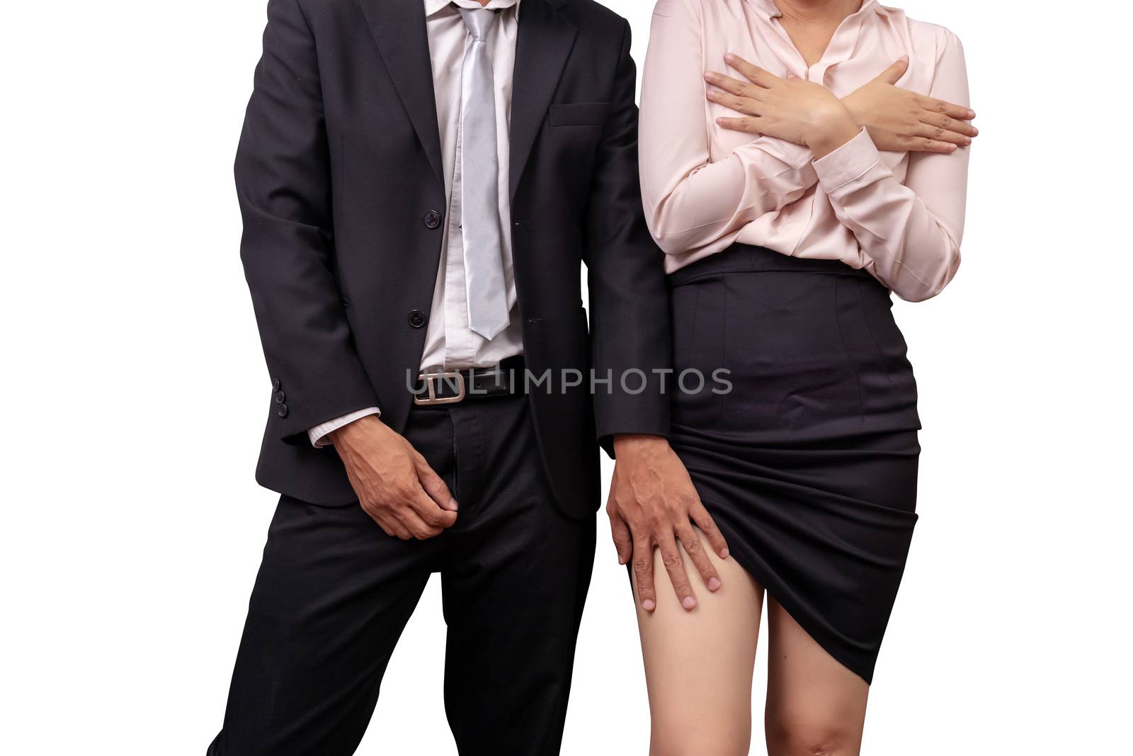 sexual abuse and violence against women at work. male manager zippers pants and molesting female employee by touch leg under skirt in workplace