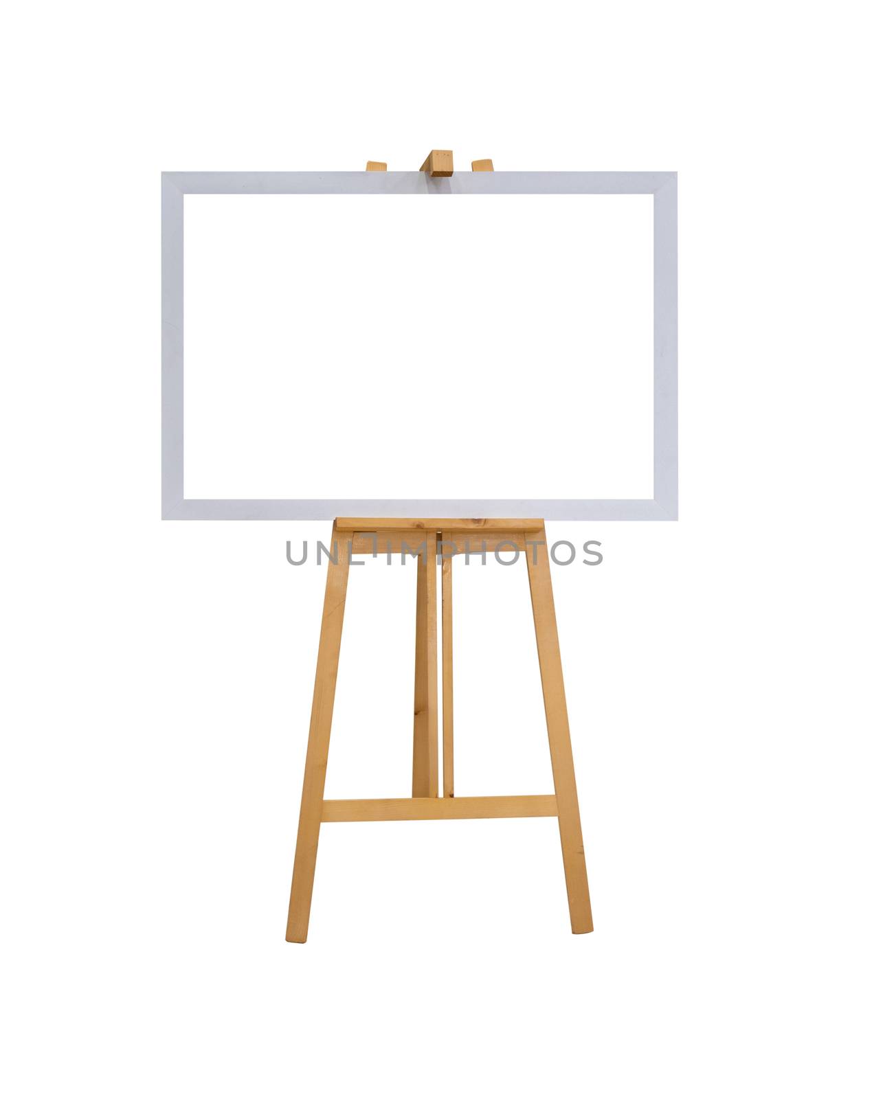 mock up empty blank white canvas board with realistic wooden easel stand isolated on white background with clipping path by asiandelight