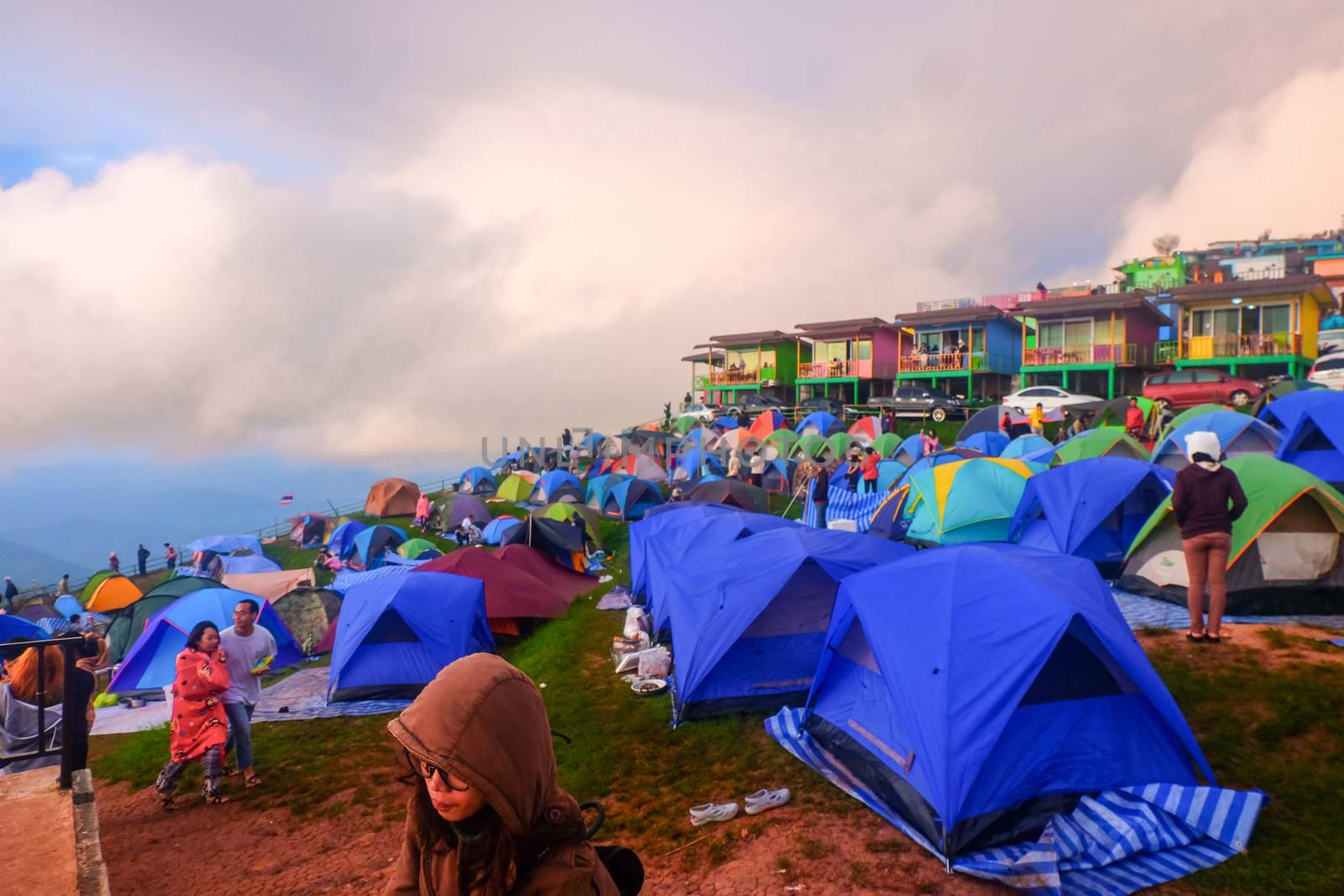  tourist With tents and accommodation for tourists who come to relax and watch the fog in the morning at Phu Thap Berk. : October 29,2016 ,Phu Tubberk, Phetchabun Province, Thailand.